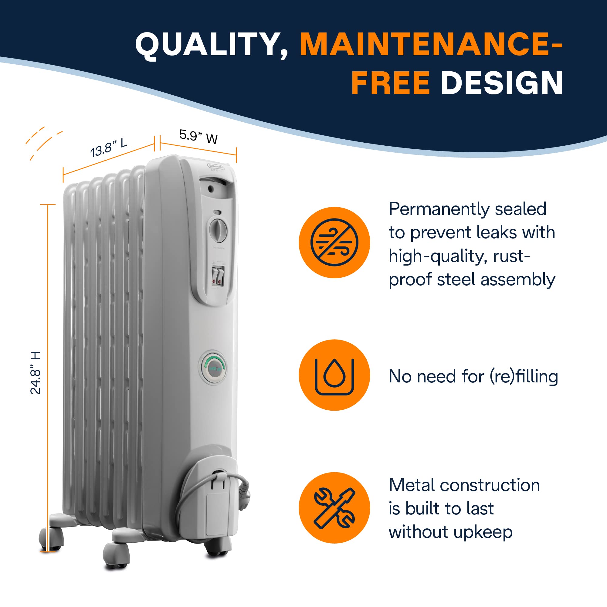 De'Longhi EW7707CM 1500W Oil Filled Radiator Heater - Energy Efficient Portable Space Heater for Indoor Use in Bedroom, Office & Living Room with Safety Features | Quiet Heating Solution for Winter & Cold Weather