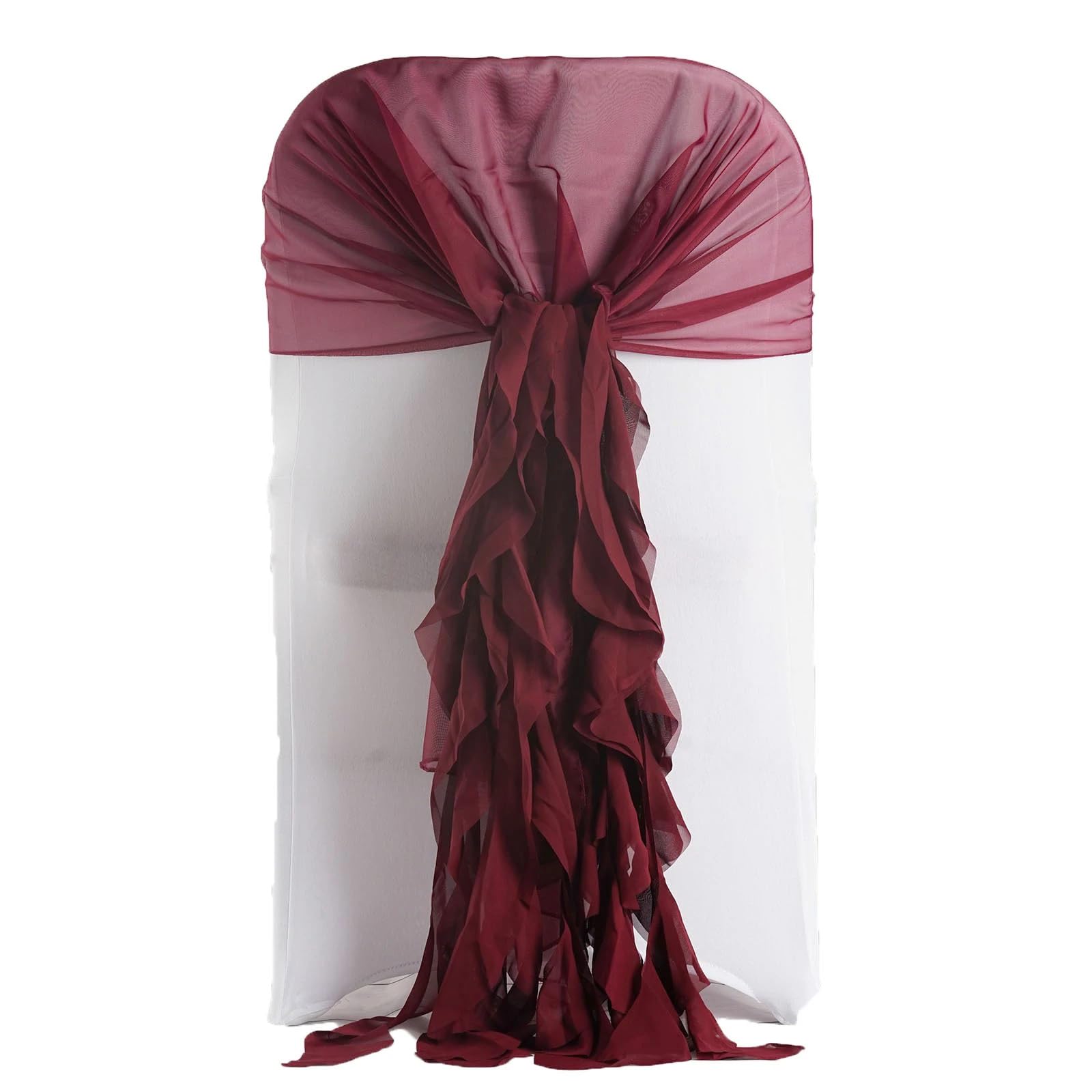 50 Burgundy Premium Curly Chiffon Chair Covers with Sashes - Elegant Wedding, Party, Ceremony & Reception Decorations - Perfect for Banquet Halls, Bridal Showers, and Special Events