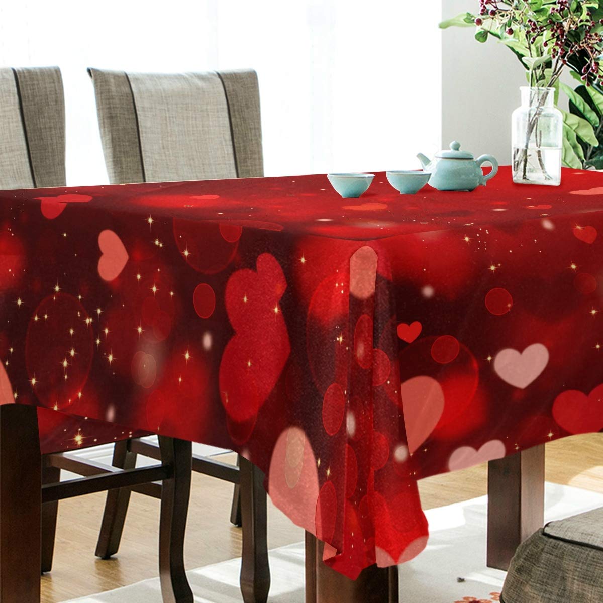 Romantic Valentine's Day Heart Print Tablecloth 54x72 Inches - Waterproof Rectangle Table Cover for Wedding, Party, Dining Room, Outdoor Picnic & Special Occasions