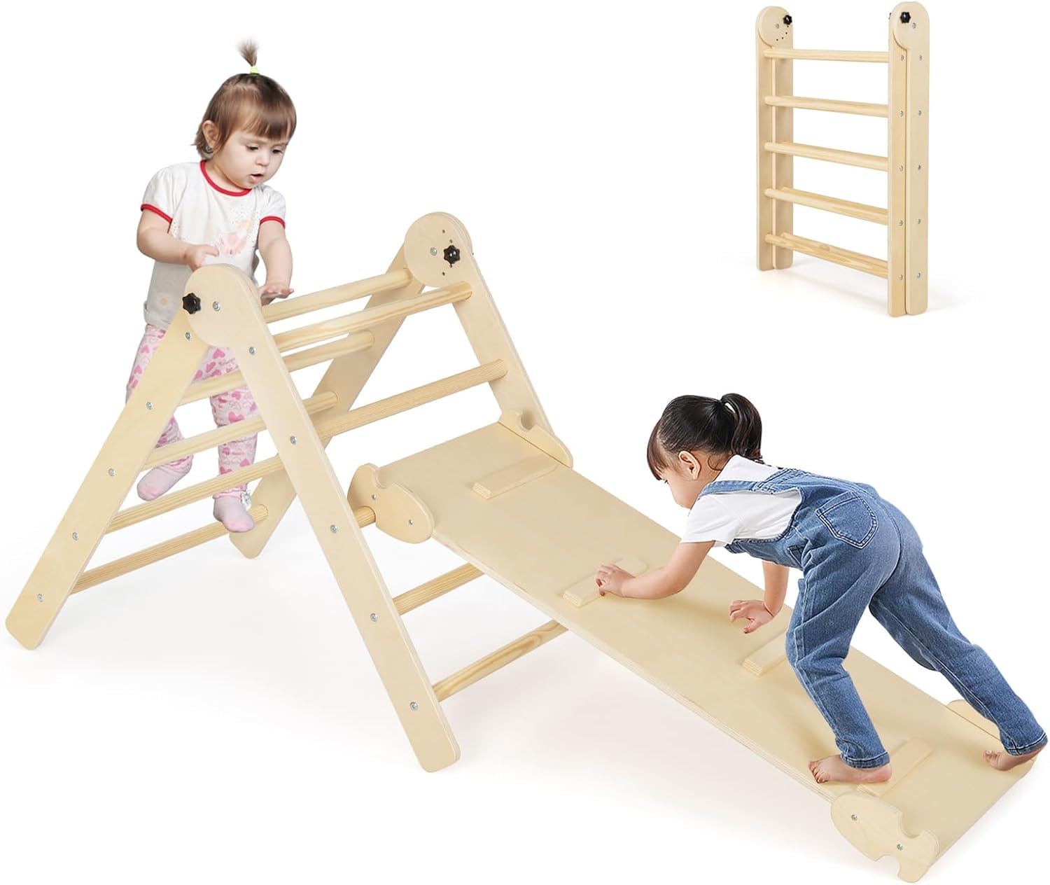 GOPLUS 4-in-1 Foldable Montessori Climbing Triangle with Slide & Ramp - Indoor Play Gym for Kids Ages 3-9 Years - 60KG Weight Capacity (Natural Wood) - Perfect for Home Playrooms, Daycares & Montessori Learning Spaces