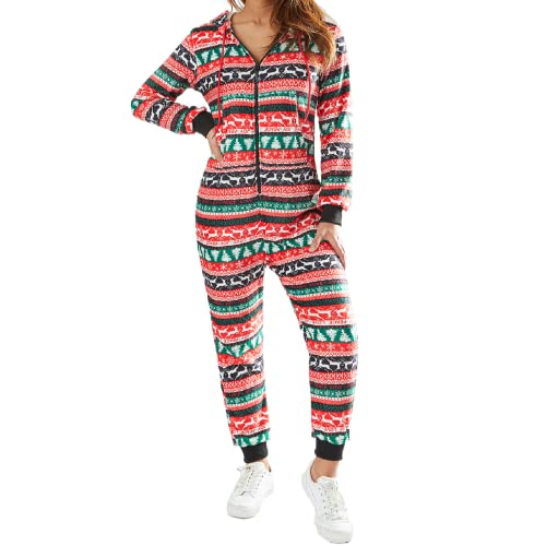 Women's Christmas Fleece Hooded Jumpsuit - Warm Zipper Romper One Piece Pajamas for Winter Sleepwear & Lounge Wear | Cozy Holiday Outfit for Xmas Parties, Family Gatherings & Festive Sleepovers