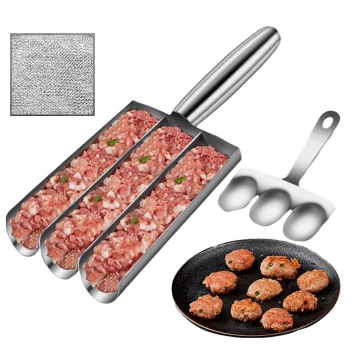 Triple Meatball Maker - Stainless Steel Kitchen Tool for Perfect Meatballs, Scoop & Mold (3 Tubes) | Ideal for Home Cooking, Meal Prep & Party Food