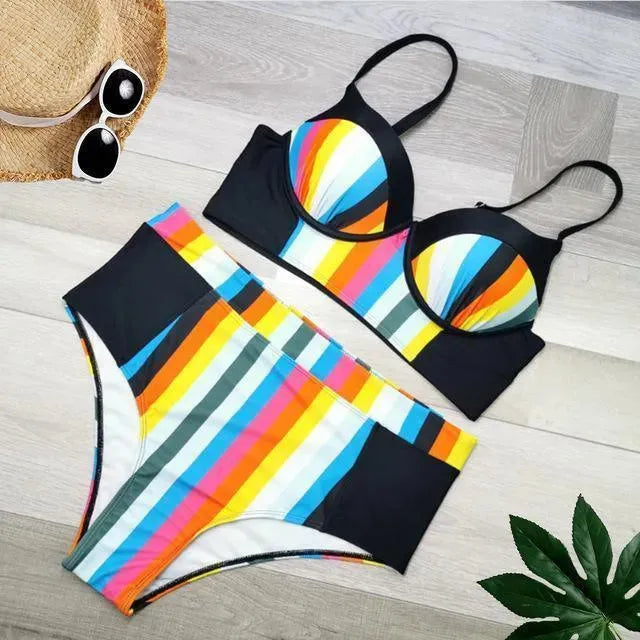 Striped Full Brief Bikini Set for Women - High Waisted Swimwear with Adjustable Straps | Perfect for Beach Vacations, Pool Parties & Summer Getaways