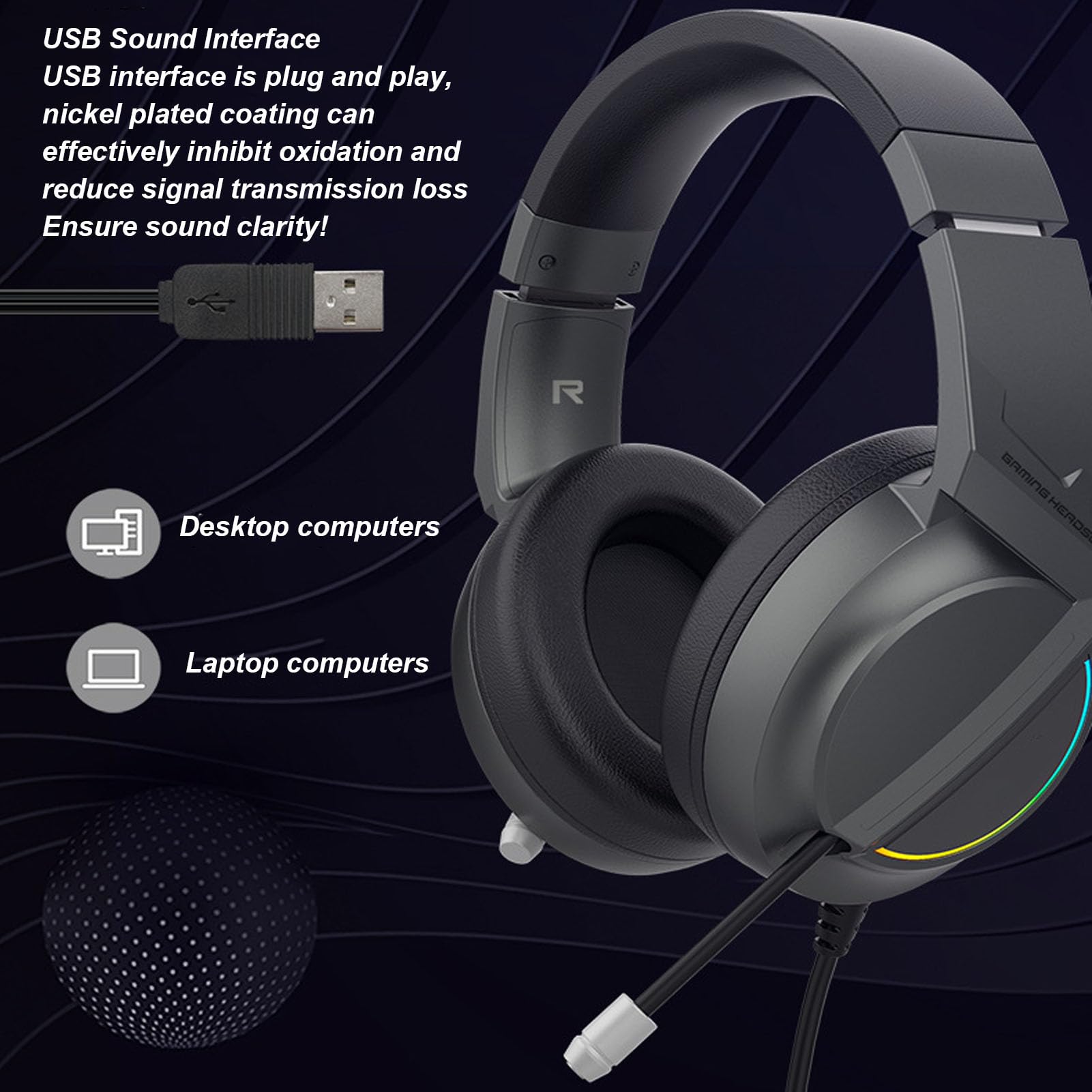 Topiky Gaming Headset with 7.1 Surround Sound, 50mm Drivers & RGB Lighting - USB Wired Computer Headphones for PC Gaming, Streaming & Online Meetings (Black) - Perfect for Esports, Work from Home & Late-Night Gaming Sessions