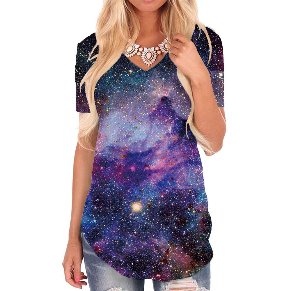 KYKU Women's Galaxy Print V-Neck T-Shirt with Side Slit & Curved Hem - Space Themed Casual Top for Everyday Wear, Street Style & Cosplay