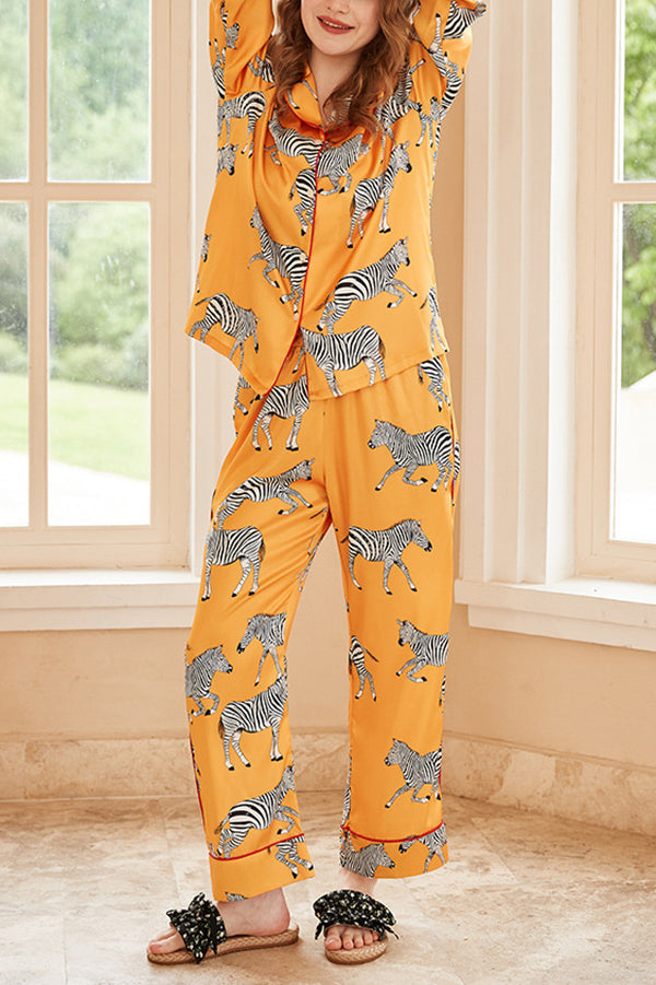 Yellow Zebra Print Long Sleeve Two-Piece Pajama Set - Cozy Loungewear for Women, Soft Sleepwear & Home Outfit for Relaxing Evenings
