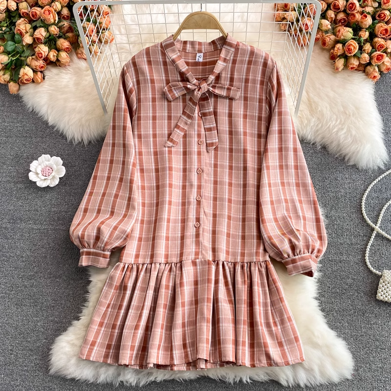 Korean Style Loose Plaid Midi Dress with Bowknot & Knit Sweater Vest 2-Piece Set 1394 | Casual Outfits for Women, Fall Winter Fashion, Date Night & Office Wear