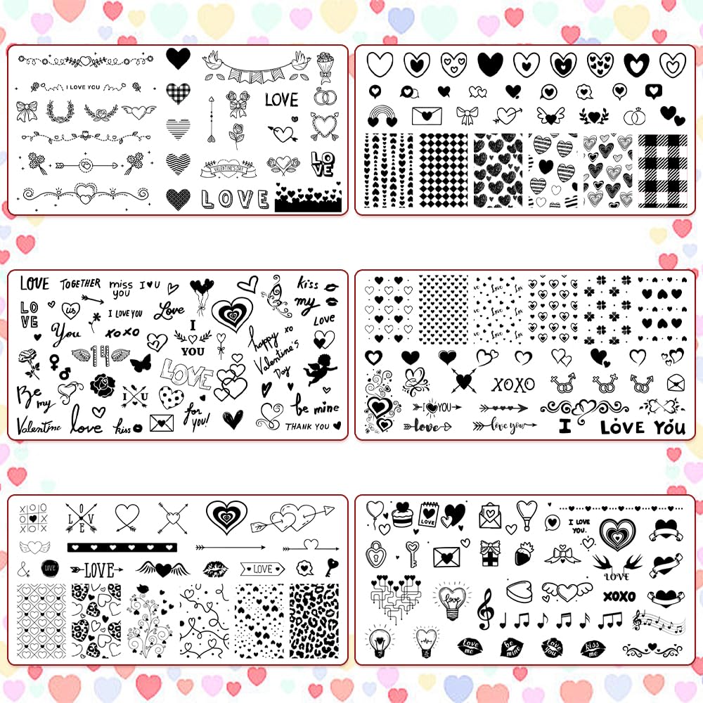6pcs Valentine's Day Nail Stamping Plates Set - Stainless Steel Heart Romantic Nail Art Templates for DIY Manicure | Perfect for Valentine's Gifts, Date Night, Bridal Shower & Romantic Nail Designs