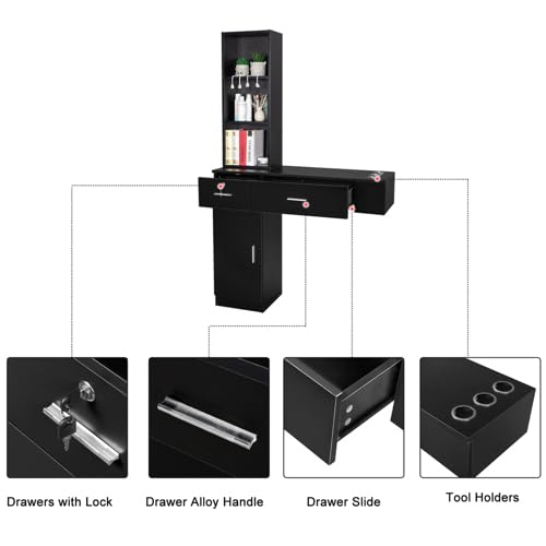 Professional Wall Mount Hair Styling Station - 3 Tier Shelf, Lockable Drawer & Cabinet - Beauty Salon & Barber Equipment Set - Easy Assembly (Black) - Perfect for Home Salons, Spas & Professional Barbershops