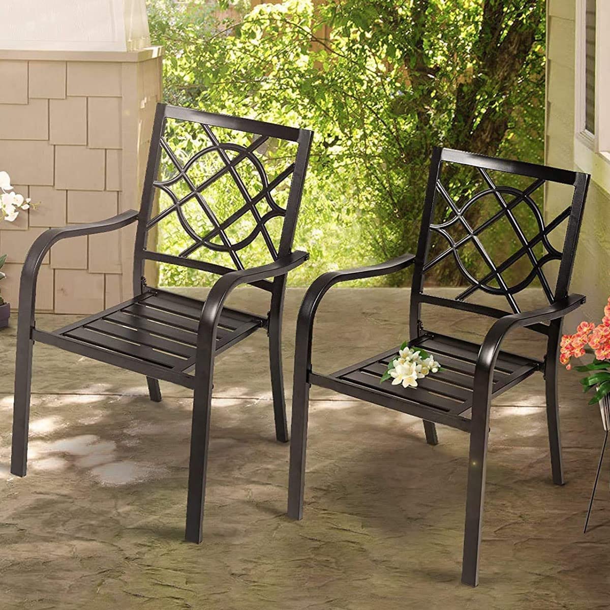 2-Pack Black Wrought Iron Patio Chairs - Heavy Duty 300LB Capacity Stackable Outdoor Dining Chairs with Armrests for Garden, Backyard, Porch & Restaurant Use