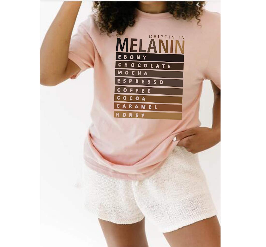 Black Queen Afro Women's Funny Letter Print T-Shirt - Drippin in Melanin Graphic Tee - Short Sleeve Cotton Top for Casual Wear & Black Pride Events