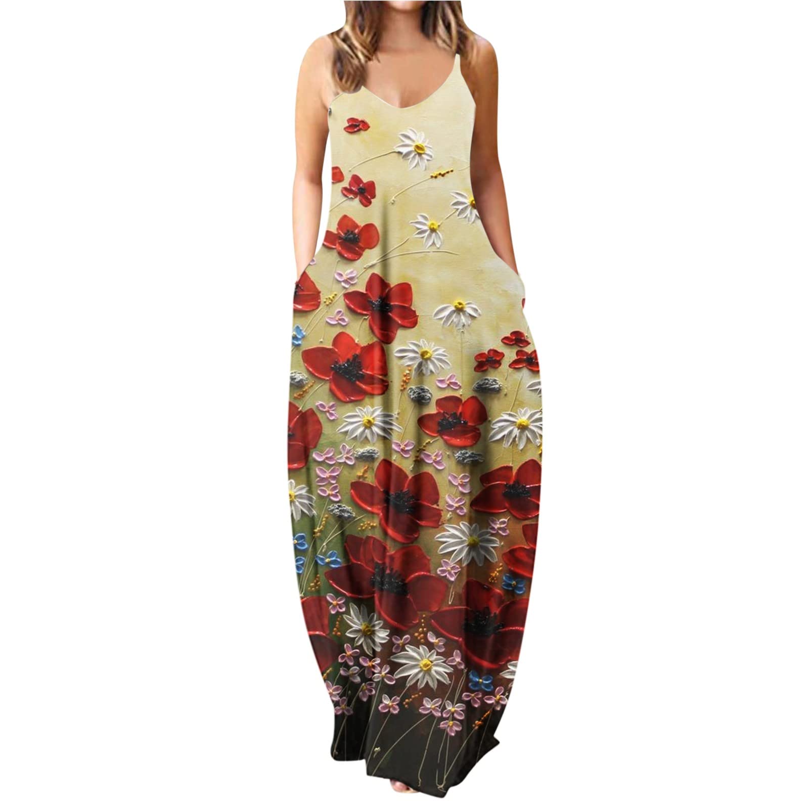 iQKA Women's Maxi Dress - Colorful Long Sleeveless V-Neck Tunic Dress with Pockets | Summer Casual Beach Dress | Perfect for Vacations, Parties & Everyday Wear