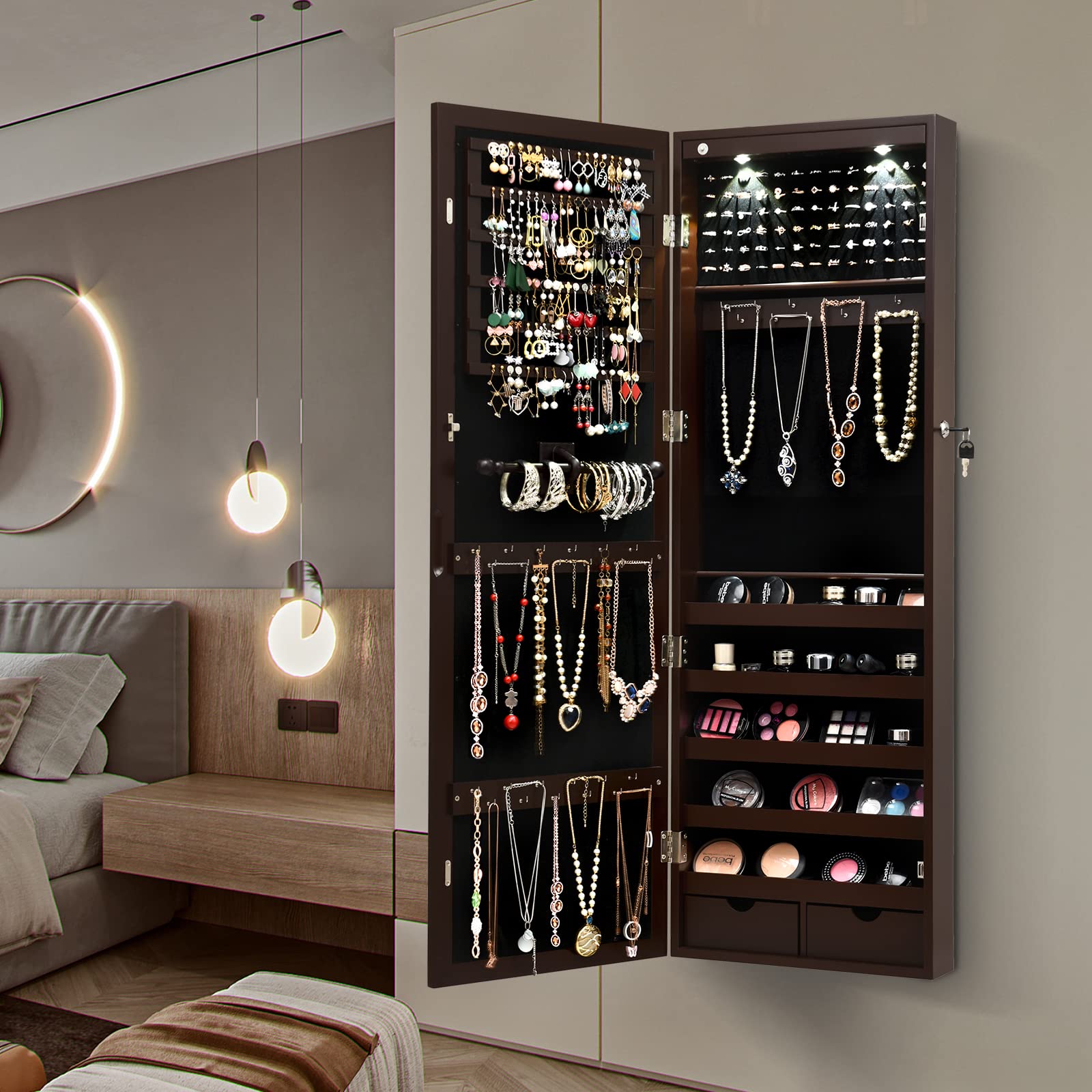 2 LED Jewelry Armoire with Full Length Mirror - Wall/Door Mounted Cabinet Organizer with Adjustable Hooks, Storage Drawers & Lock - Perfect for Bedroom, Closet or Dressing Room (Brown)