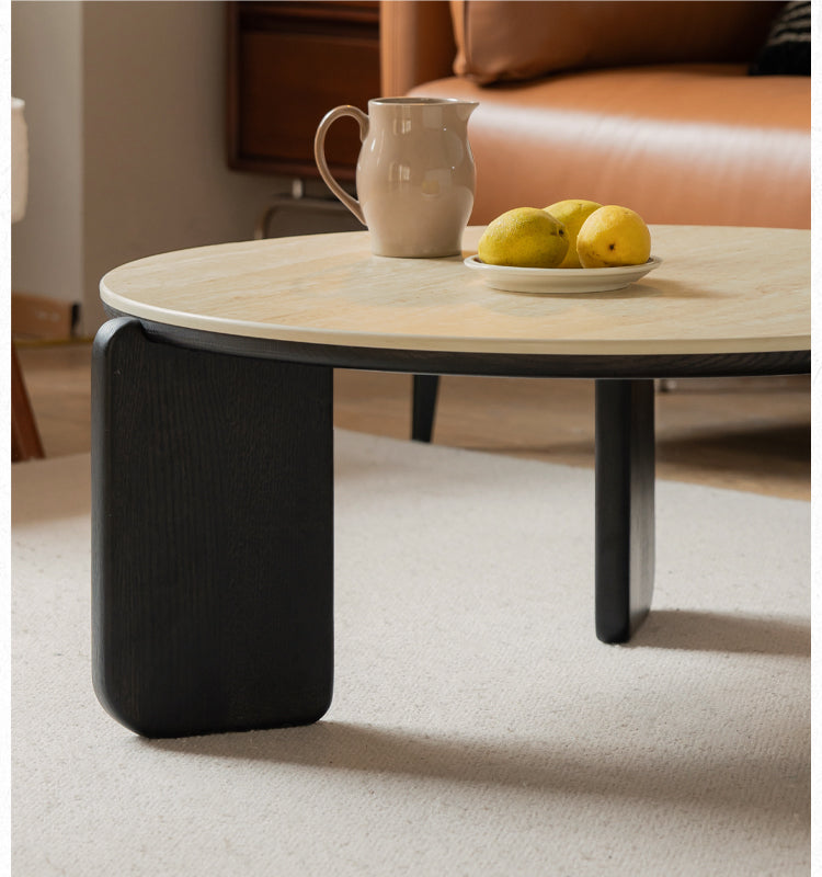 Solid Oak Wood Modern Round Coffee Table - Rustic Farmhouse Living Room Centerpiece for Home Decor