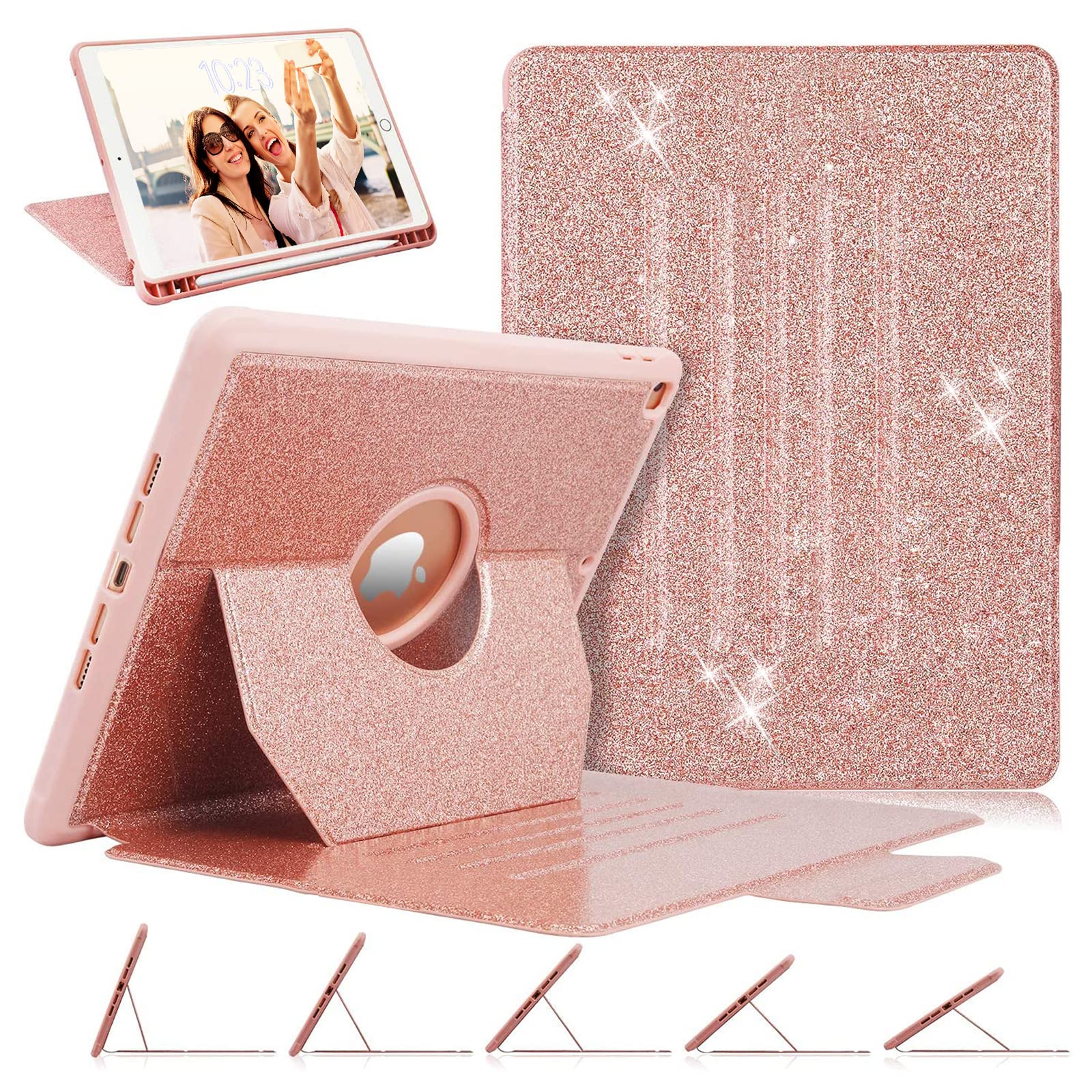 Premium PU Leather iPad 9th/8th/7th Generation Case 10.2 Inch - Glitter Sparkly Rose Gold Cover with Magnetic Stand, Pencil Holder & Auto Sleep/Wake | Perfect for Work, School & Travel Protection