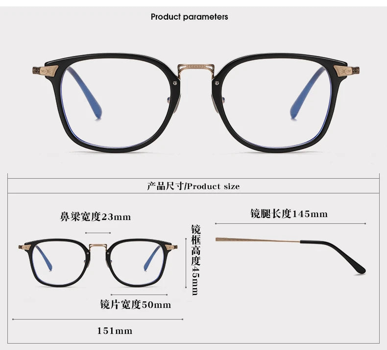Stylish Unisex Black Titanium Acetate Square Frame Eyeglasses - Lightweight & Durable for Work, Reading & Fashion | MN23