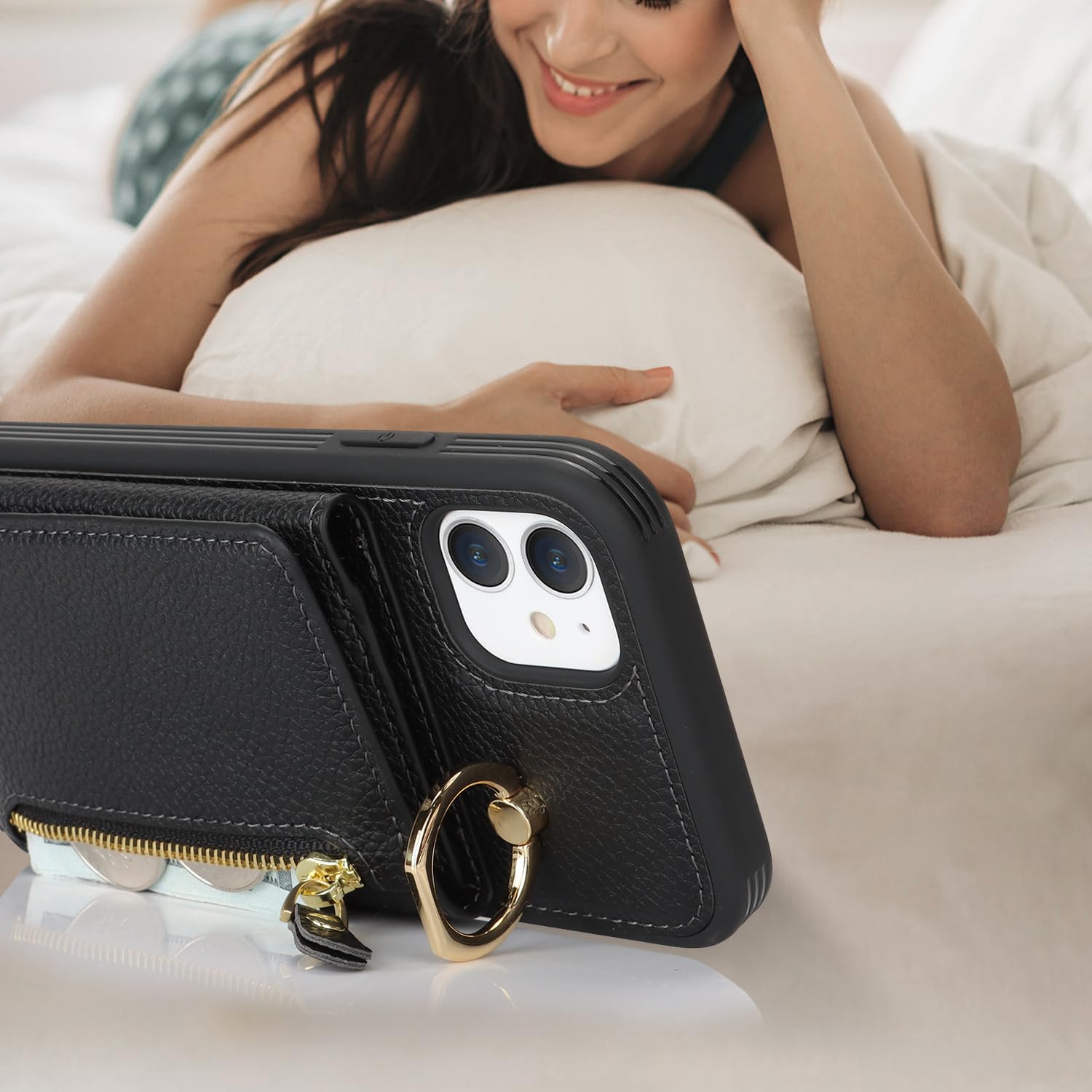Premium Leather iPhone 11 Case with Card Holder & Crossbody Strap - Wallet Phone Case with Zipper Pocket, Stand Ring & Lanyard for Women (Black) | Perfect for Travel, Shopping & Everyday Protection
