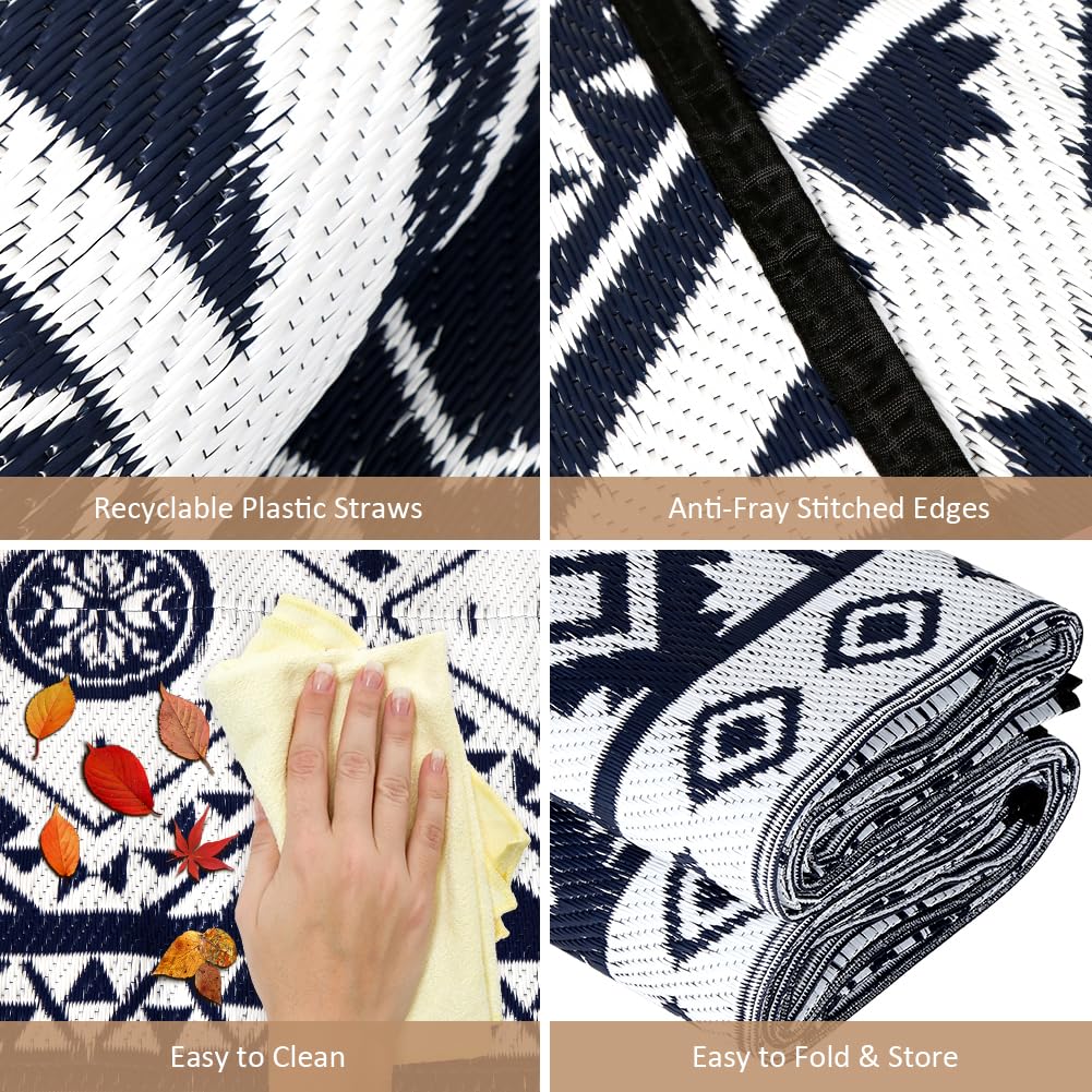 5'x8' Reversible Outdoor Rug - Waterproof Plastic Straw Mat for Patio, Deck, RV, Camping & Beach | Indoor/Outdoor Use | Blue & White Design | Perfect for Picnics, Trailers & Outdoor Gatherings