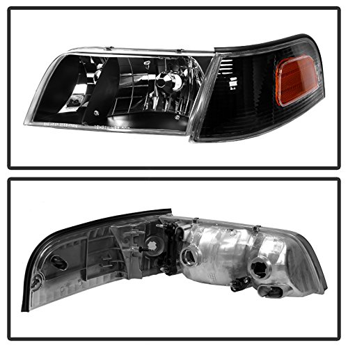 XTUNE Black Housing Clear Lens Crown Victoria Crystal Headlights with Corner Lights Set - Upgrade Your Car's Style & Visibility for Night Driving