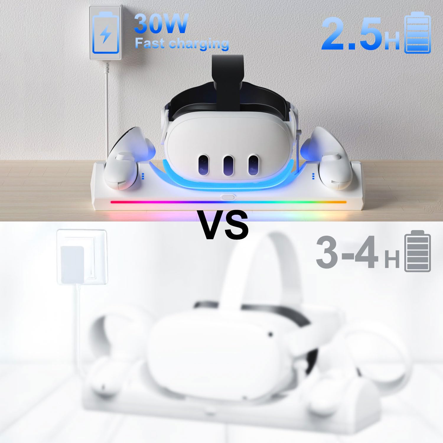 Oculus Quest 3S/Quest 3 Fast Charging Dock with 30W Adapter & LED Indicator - Includes 2x 1800mAh Rechargeable Batteries for VR Headset Accessories - Perfect for Gaming, VR Streaming & Extended Play Sessions