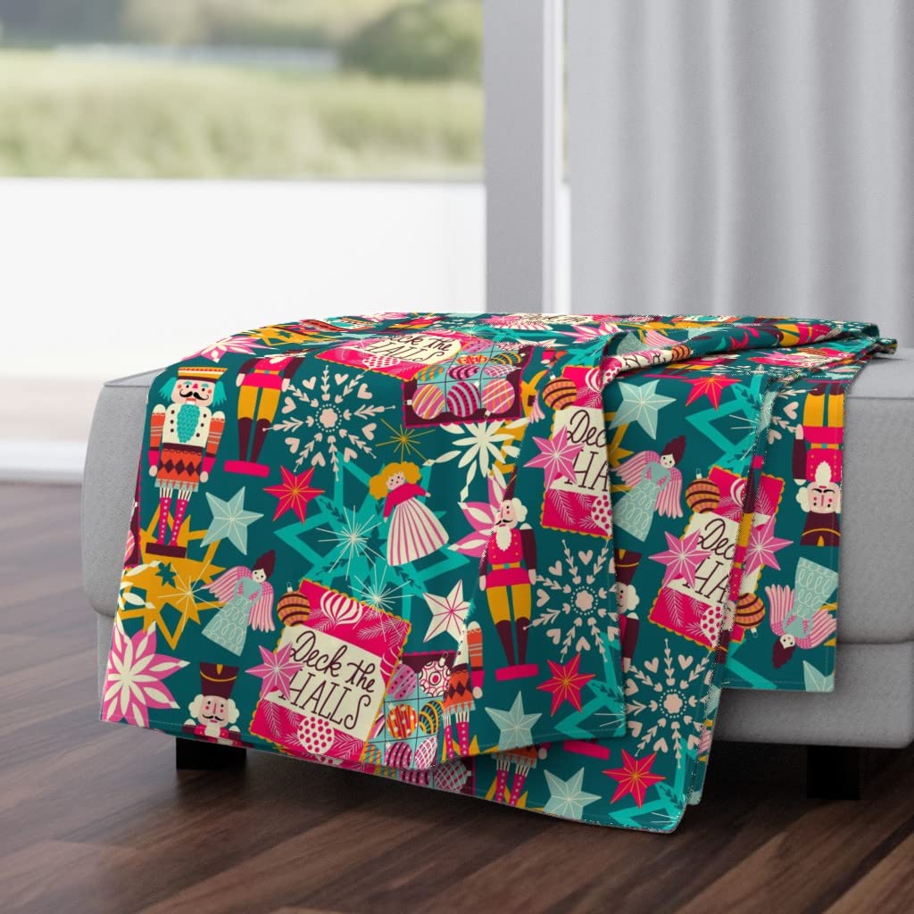 Luxe Velvet Throw Blanket 50x70 Inches - Christmas Teal Star Angel Nutcracker Print Cozy Soft Blanket for Sofa, Bed, Gift Giving | Deck the Halls Holiday Decor