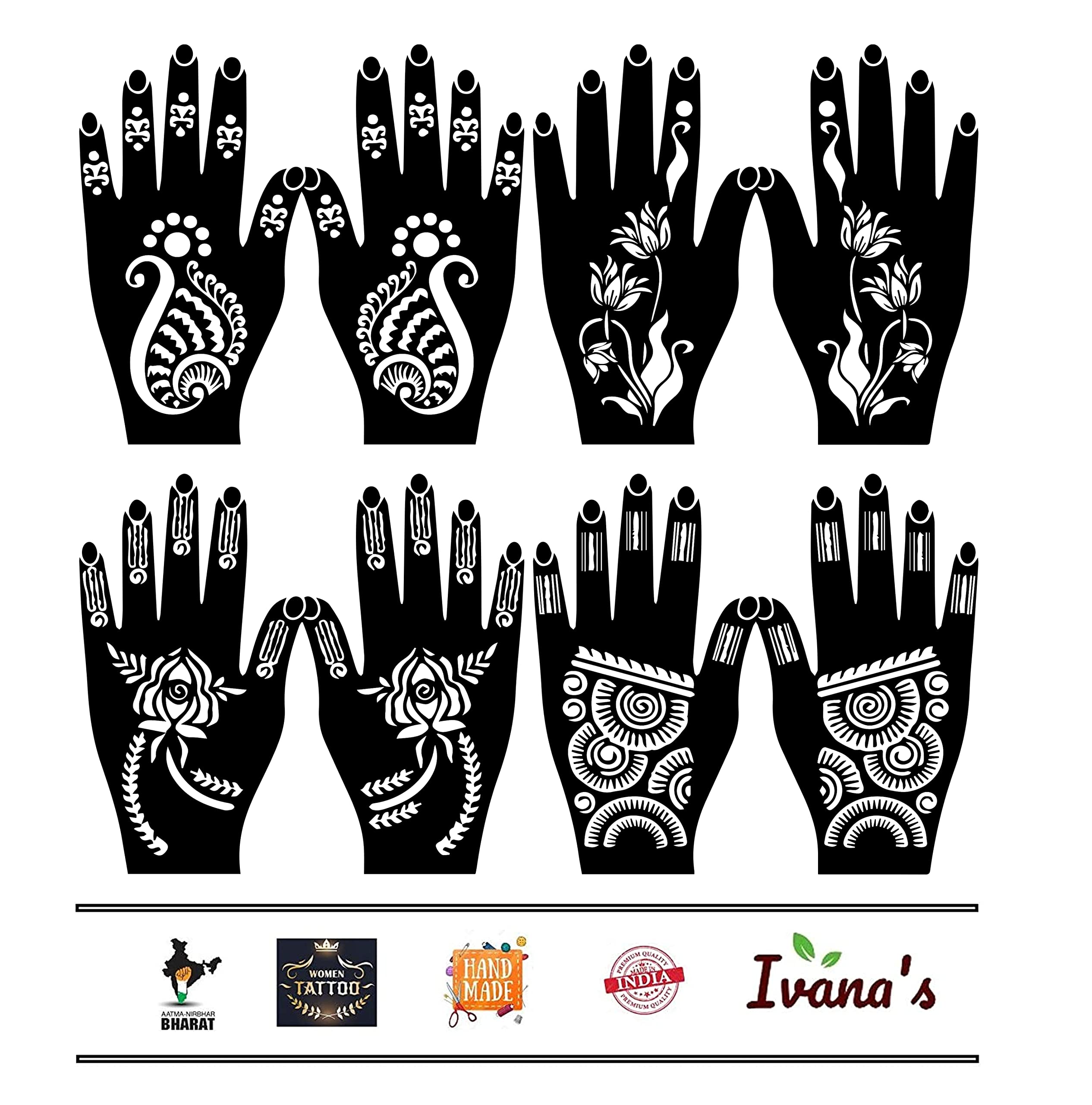 8-Piece Henna Tattoo Stencil Kit for Women, Girls & Kids | Beautiful Hand Design Temporary Tattoos | Mehandi Body Art Supplies | Perfect for Parties, Weddings & Festivals (Model MT-14)