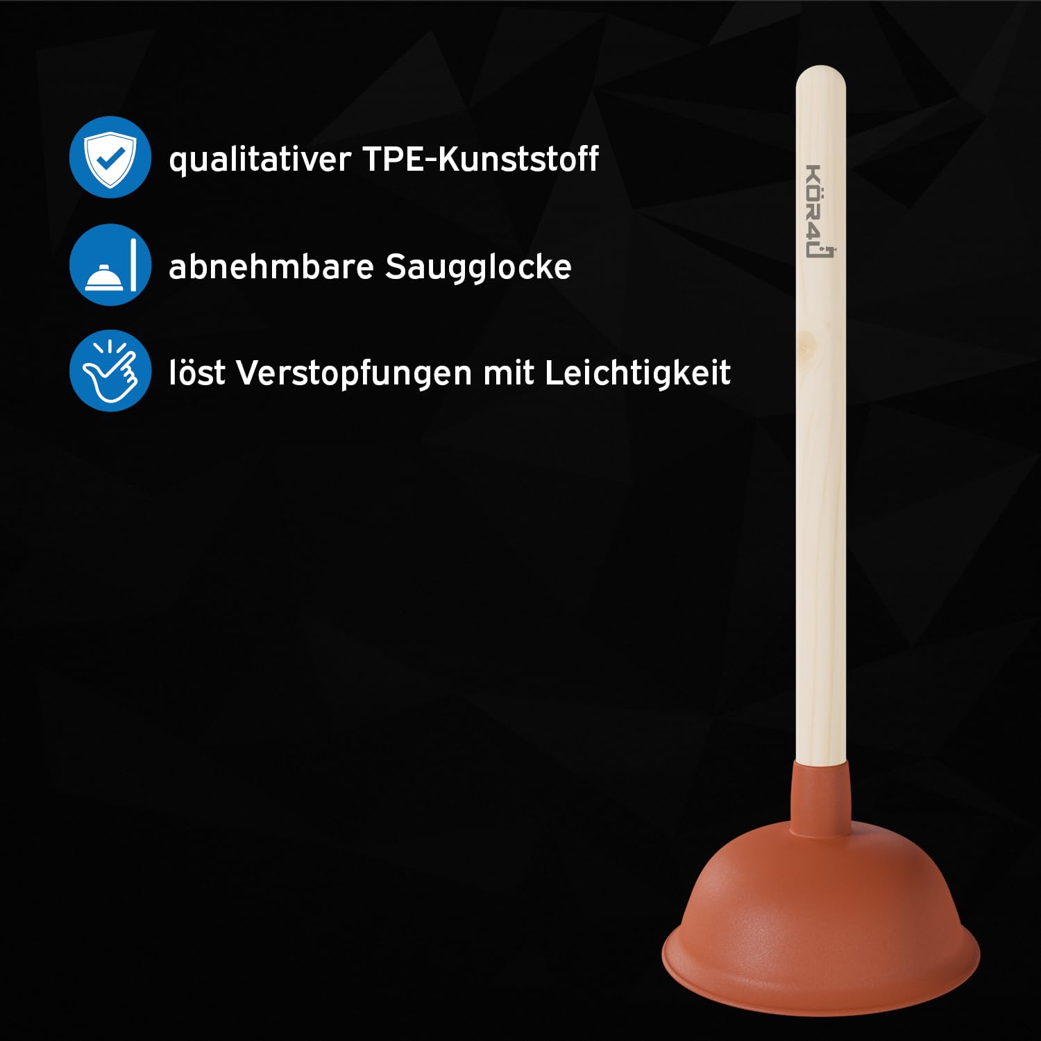 Kör4u High Power Plunger 110mm - Strong Suction for Clogged Toilets, Sinks, Bathtubs & Showers - Ideal for Bathroom, Kitchen & Household Drain Cleaning