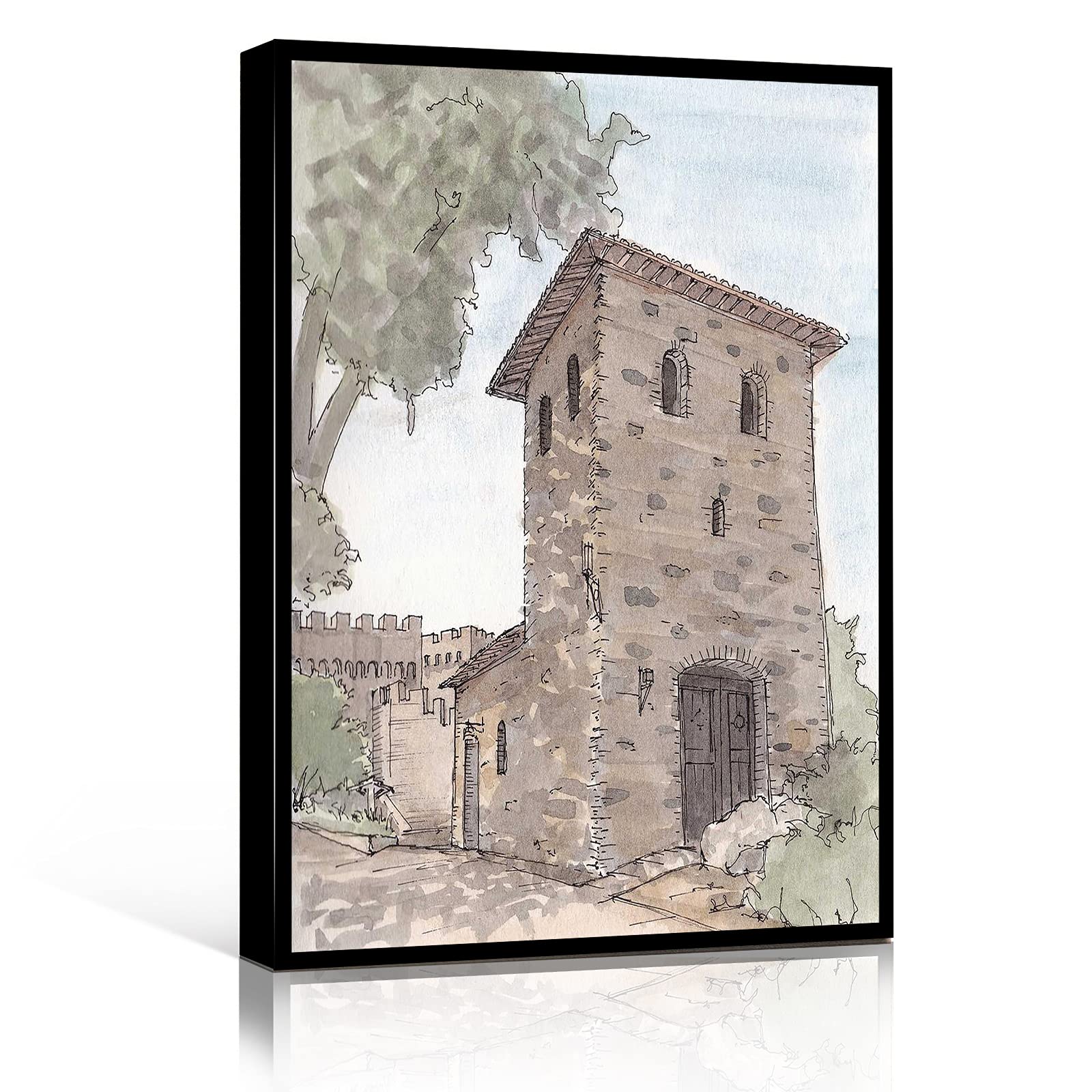 8x12 Inch Wood Framed Modern Canvas Wall Art - California Winery Vineyard Castle Architecture - Indie & Funny Room Decor for Office & Home - Perfect for Living Room, Bedroom, or Workspace