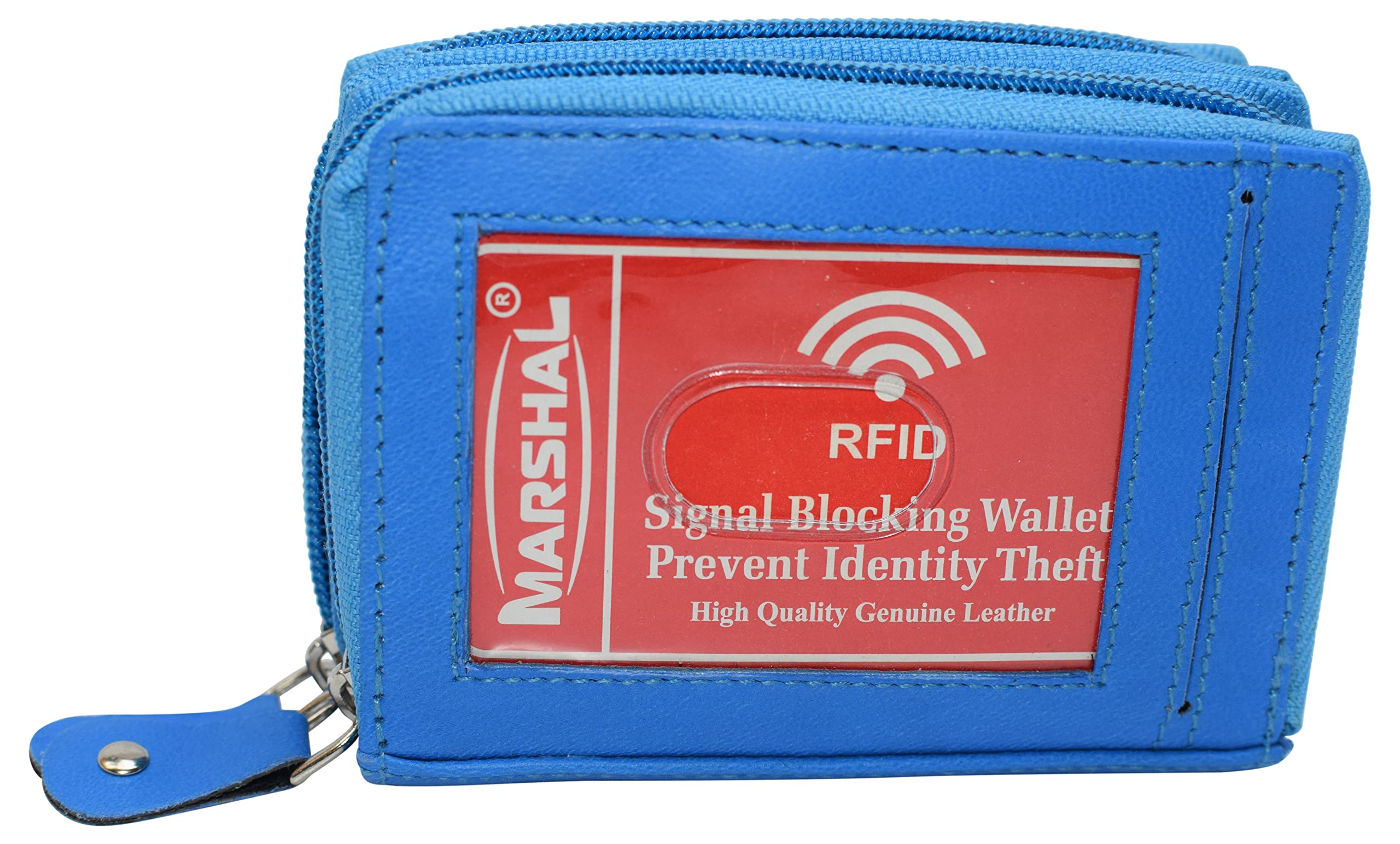MARSHAL Genuine Leather RFID Blocking Wallet for Men - Double Zipper Accordion Design (Baby Blue) | Slim Bifold Credit Card Holder for Travel & Everyday Use