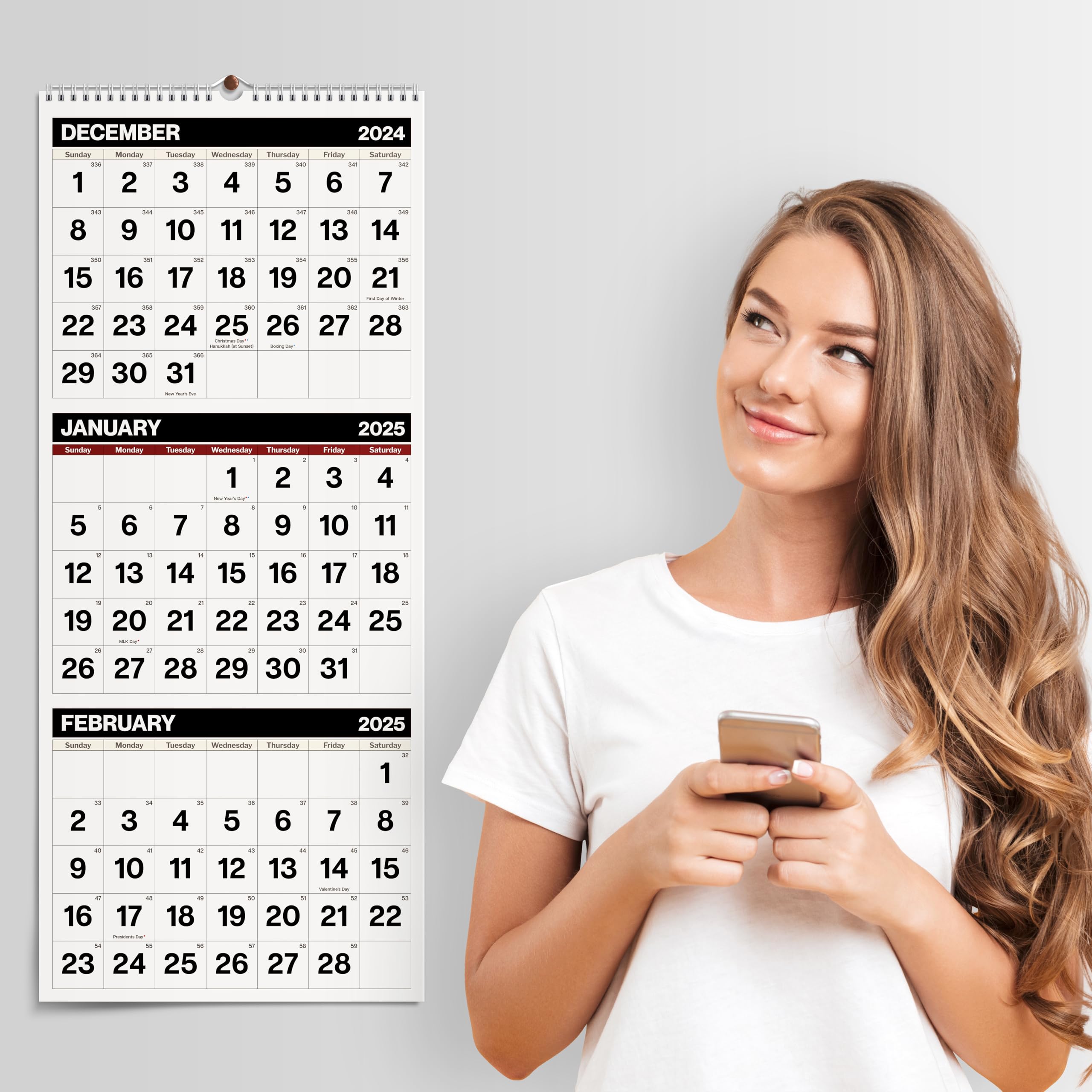 Dunwell 2024-2025 3-Month Vertical Wall Calendar | September 2024 - December 2025 | Black 11x26