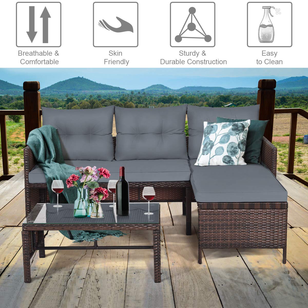 3-Piece Patio Conversation Set - Outdoor Rattan Wicker Sofa with Coffee Table & Cushions, Grey Corner Loveseat for Garden, Poolside, Backyard & Balcony Relaxation