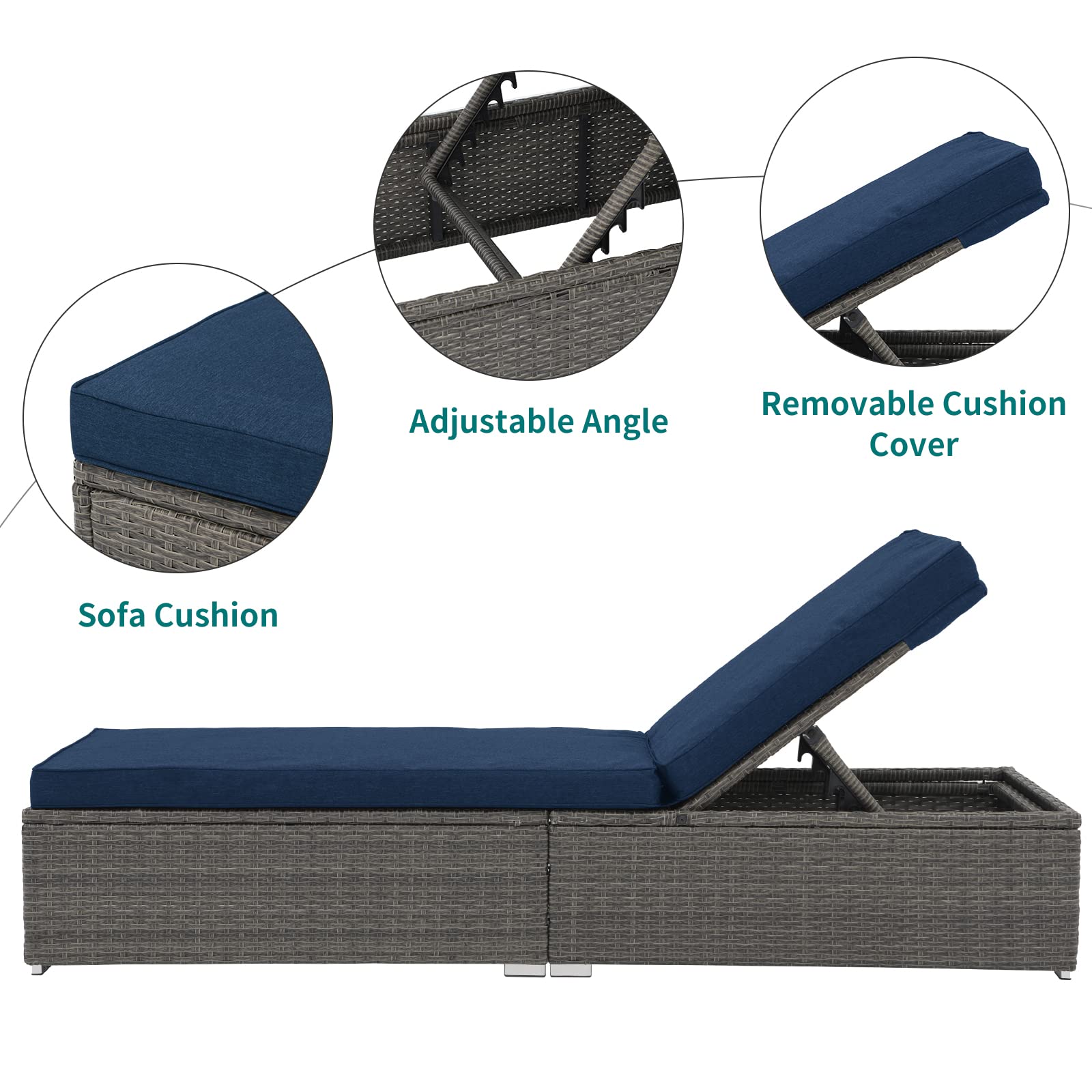 Verano Outdoor Chaise Lounge - Adjustable Wicker Rattan Pool Lounger with Removable Cushions, Dark Blue | Patio, Garden & Poolside Relaxation Chair for Backyard, Beach & Outdoor Living