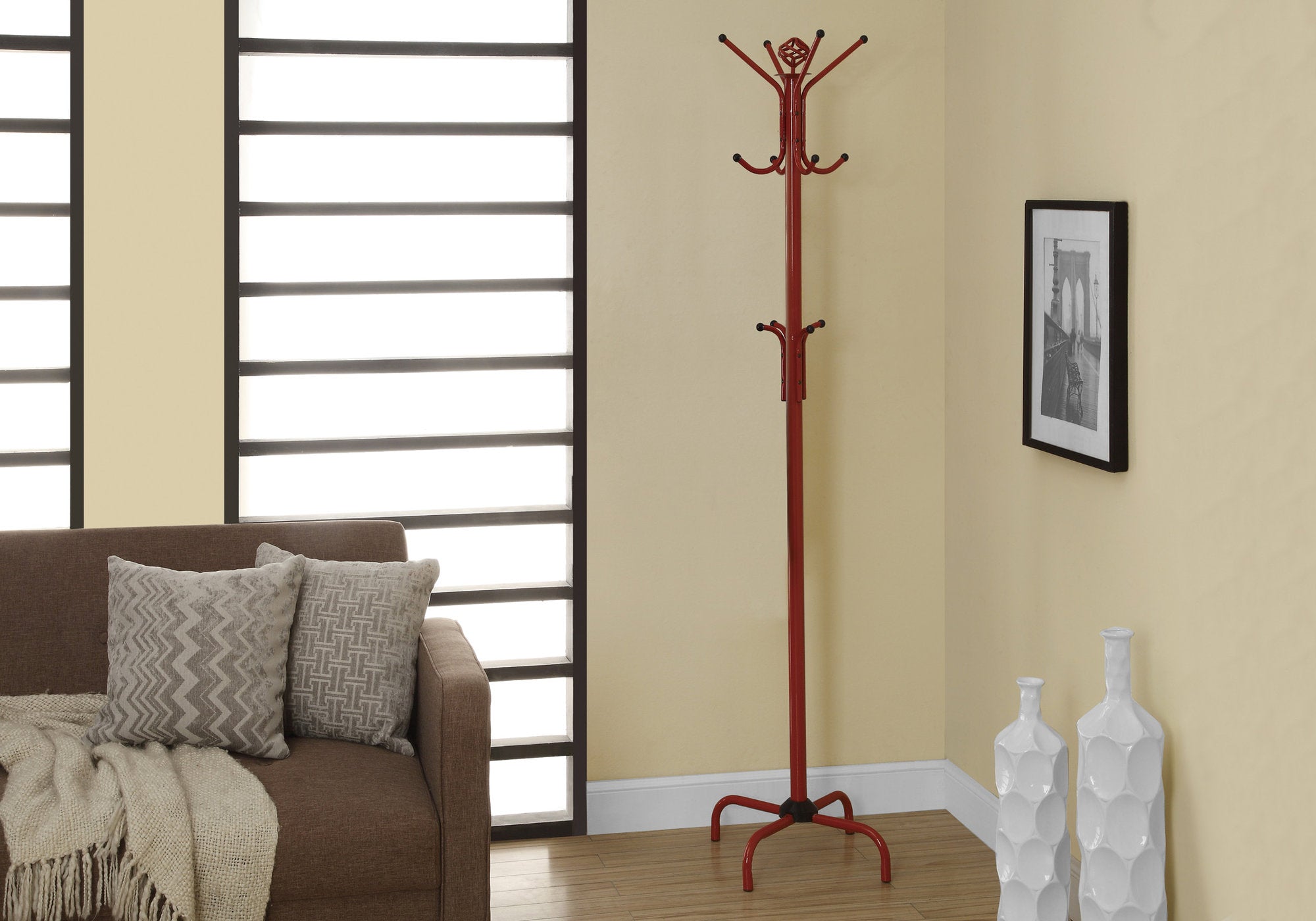 70H Red Metal Coat Rack - Sturdy Wall Mounted Hanger for Jackets, Hats & Bags - Perfect for Entryway, Bedroom & Closet Organization
