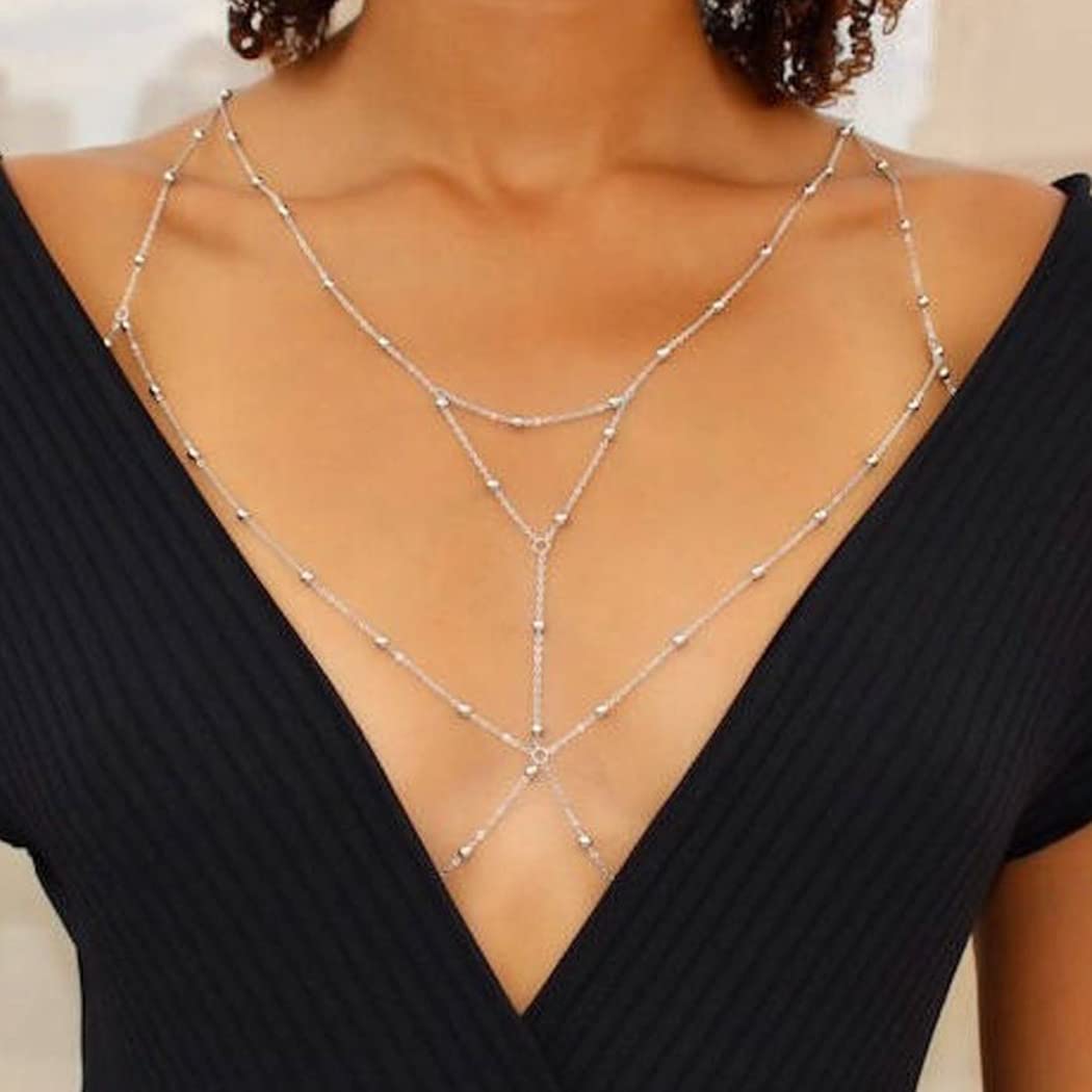 Dreamyn Boho Rhinestones Body Chain - Silver Crystal Bikini Chains for Women | Summer Beach Jewelry, Festival Accessories & Bachelorette Party Outfit Enhancer