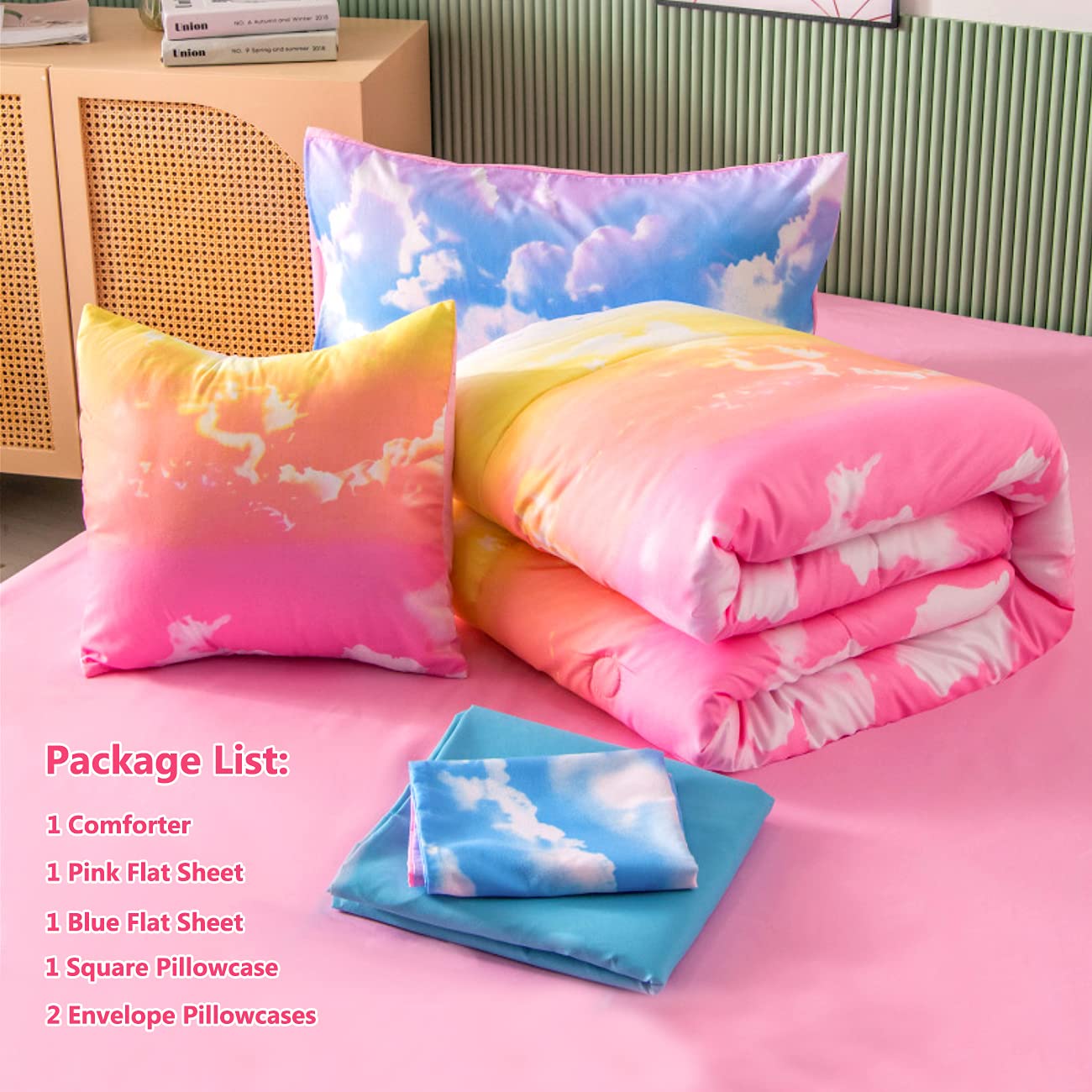 PERFEMET White Cloud Print Girls Comforter Set Queen Size 6 Pieces - Tie Dye Rainbow Bedding Set for Teen Girls - Includes Comforter, Sheets & Pillowcases - Perfect for Dorm Rooms, Sleepovers & Birthday Gifts