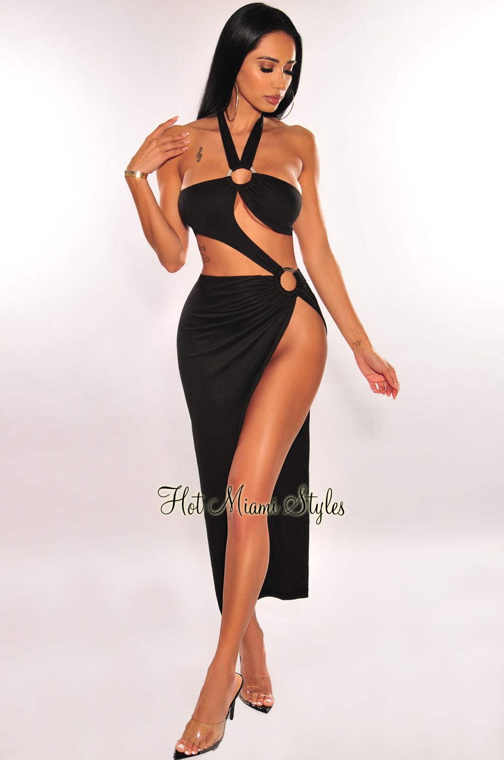 Sexy Black Halter O-Ring Cut Out Strap Slit Dress for Women - Sleeveless Bodycon Mini Dress for Night Out, Party & Date Night
