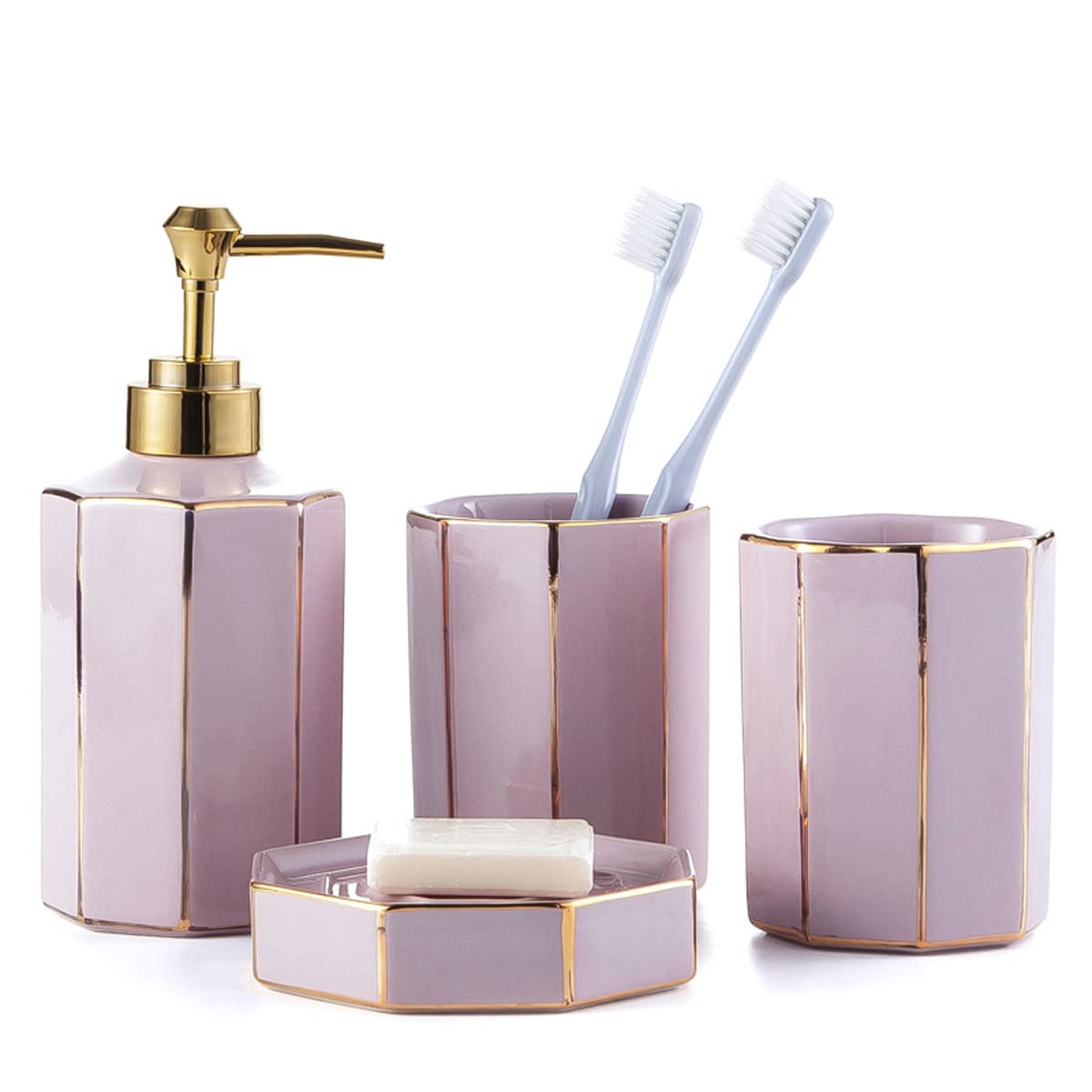 4-Piece Ceramic Bathroom Accessories Set - Nordic Style Complete Bath Decor Kit with Soap Dispenser, Toothbrush Holder, Tumbler & Soap Dish - Elegant Pink Ceramic for Vanity, Countertop & Bathroom Decor (Perfect for Modern Homes, Spa-Like Retreats & Gift Giving)