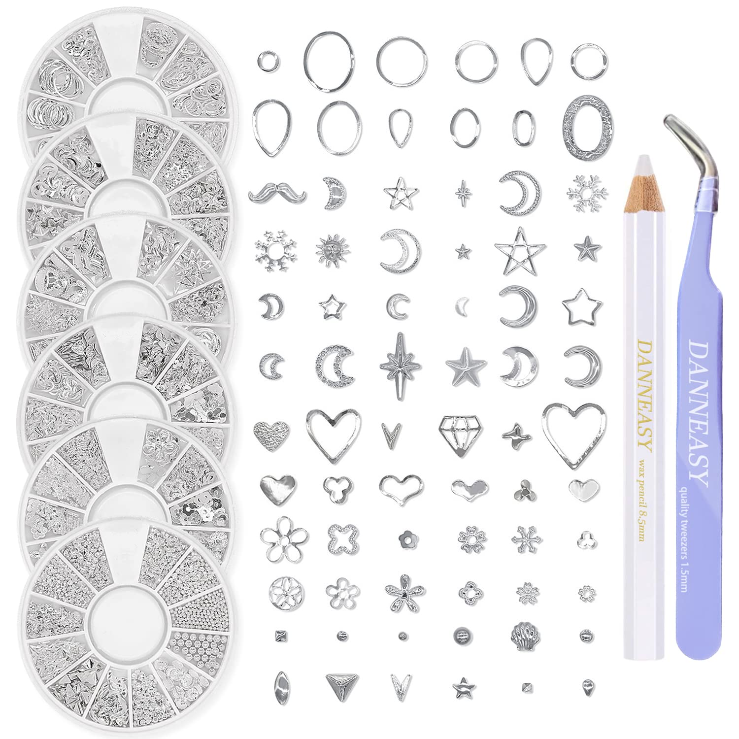 DANNEASY 3D Nail Charms - Silver Metal Nail Art Studs & Jewelry for Acrylic Nails, DIY Nail Decoration Kit (6 Boxes) - Perfect for Manicures, Nail Art Designs & Craft Projects