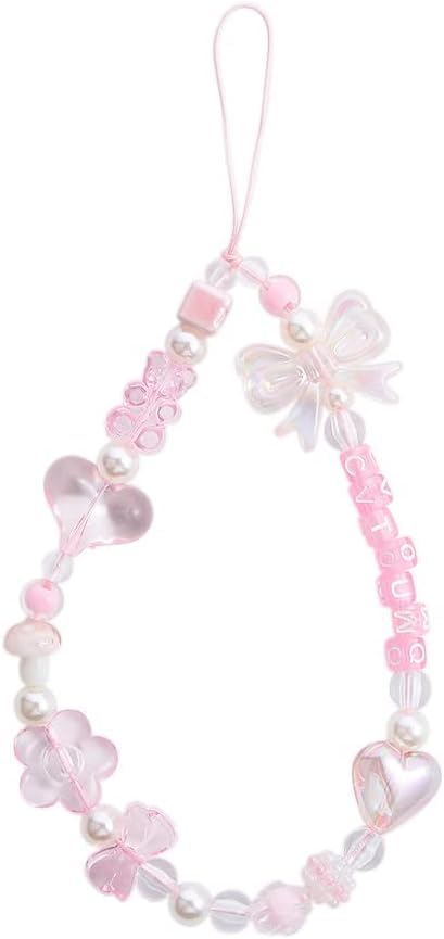 Pink Acrylic Beaded Anti-Lost Phone Strap with Wrist Lanyard - Cute Phone Accessories for iPhone Samsung Android - Perfect for Work, Gym, Travel & Daily Use