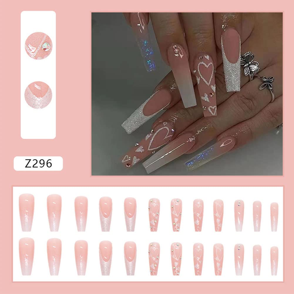 24Pcs Heart Pattern Press on Nails - Long Coffin Fake Nails with Glitter & Glossy Finish - Ballerina Clip on Full Cover False Nails for Women & Girls - Perfect for Parties, Weddings, Date Nights & Special Occasions