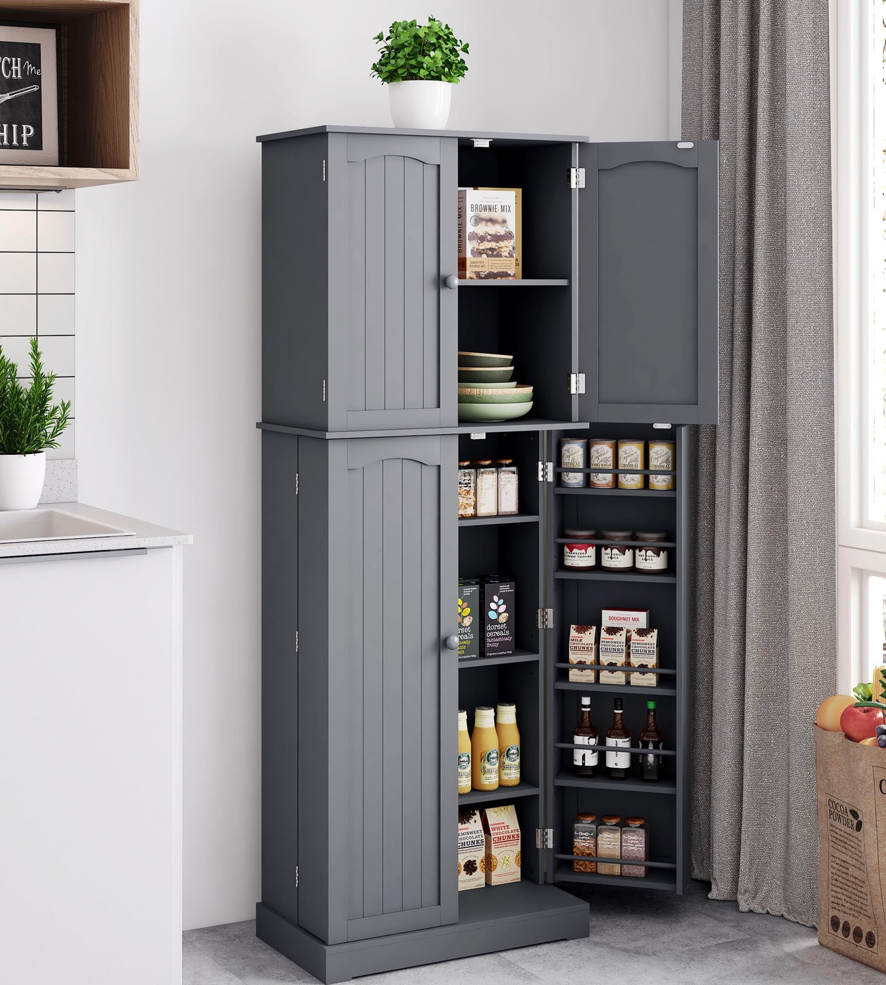 Yusong 64-Inch Tall Kitchen Pantry Cabinet with Doors & Adjustable Shelves - Free Standing Storage Organizer for Food, Dishes & Kitchen Supplies - Perfect for Kitchen, Dining Room & Living Room - Space-Saving Grey Cabinet