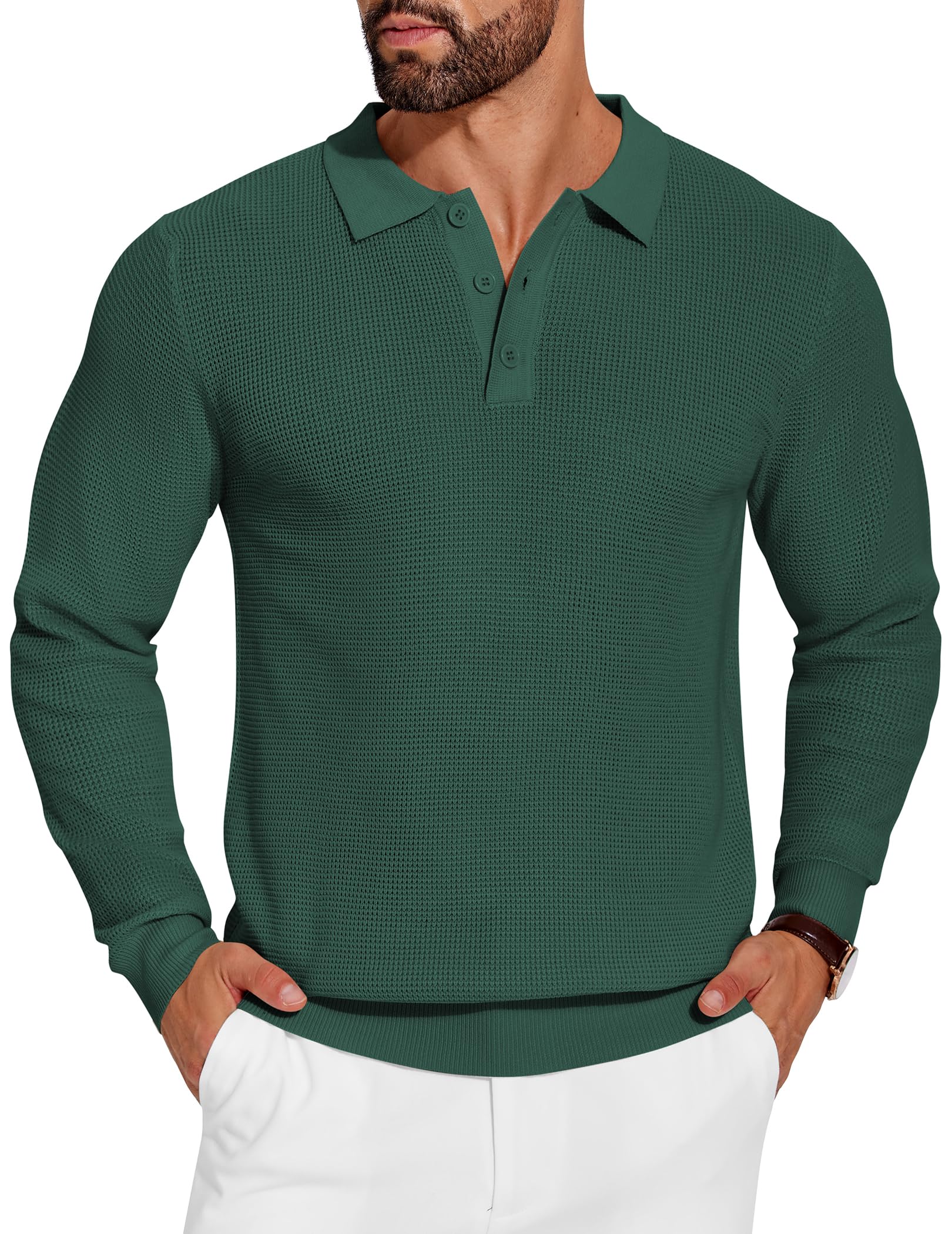COOFANDY Men's Long Sleeve Knit Polo Shirt - Waffle Textured Collared Sweater for Casual Wear | Office, Date Night & Fall Layering