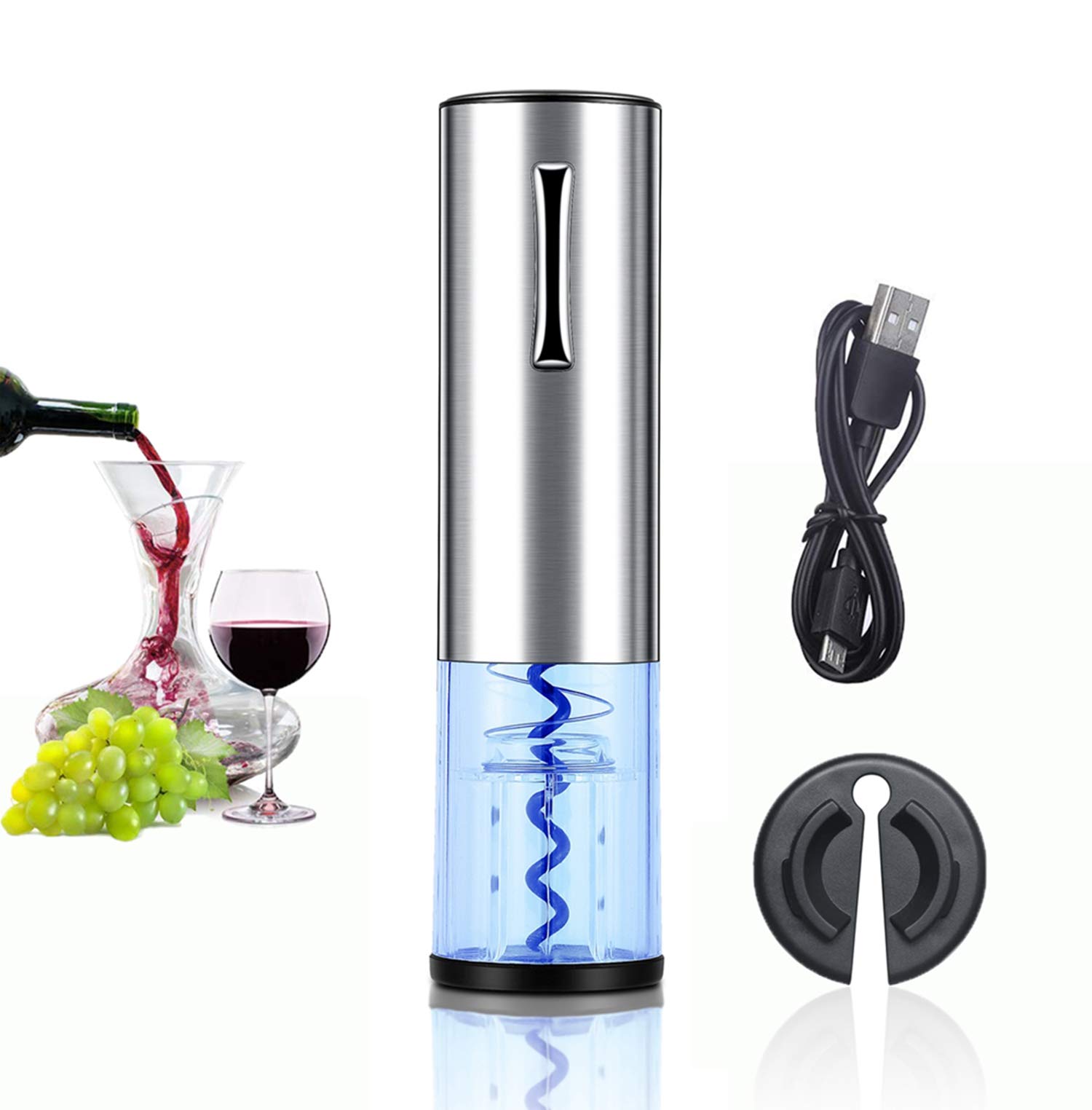 Rechargeable Electric Wine Opener with Foil Cutter & Charger - Automatic Corkscrew Bottle Opener, Stainless Steel - Perfect for Gifts, Parties & Home Bars