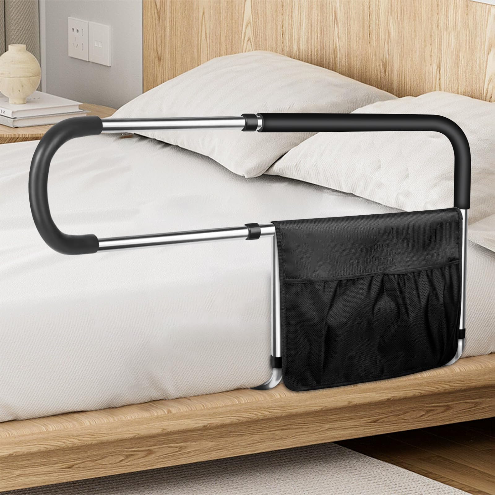 Stainless Steel Adjustable Bed Rails for Elderly Adults - Safety Bed Assist Handrail with Side Railings & Storage Pocket - Fall Prevention Grab Bar for Seniors - Fits King, Queen, Full & Twin Beds - Perfect for Home Care, Nursing Homes & Assisted Living Facilities