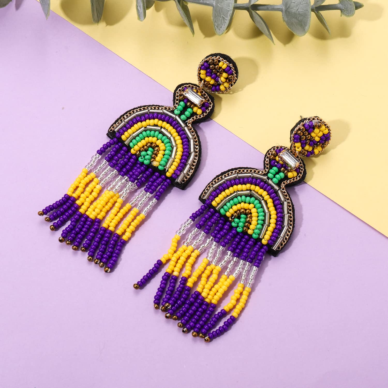 Handmade Beaded Mardi Gras Earrings for Women - Fleur De Lis Drop Dangle Earrings with Crown Design | Costume Party, Parade & Festival Accessories | Perfect Holiday Gift for Carnival, New Orleans Events & Themed Parties