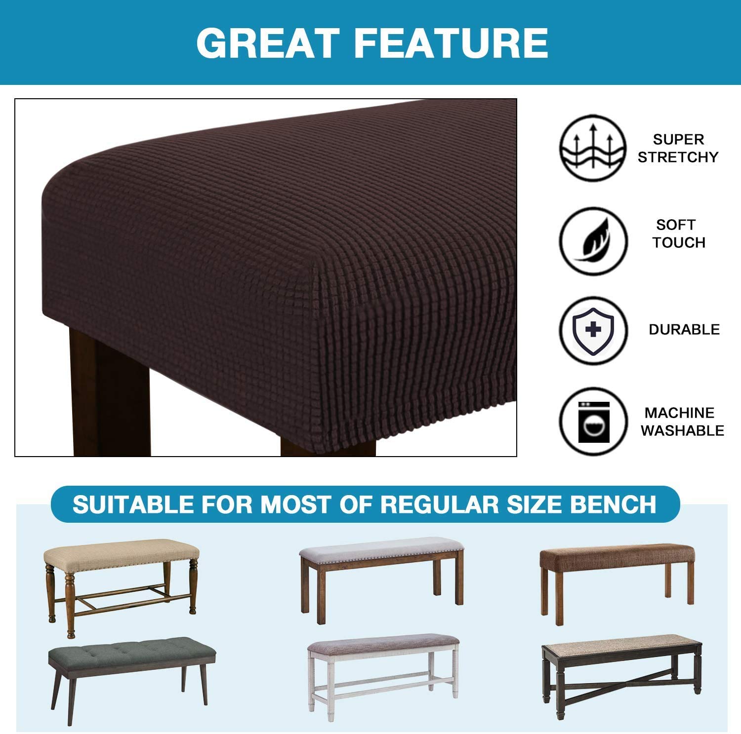 Stretch Jacquard Dining Room Bench Slipcover - Removable, Washable & Anti-Slip Seat Protector - Fits Most Benches for Living Room, Bedroom & Kitchen - Perfect for Home Decor & Furniture Protection (Brown)