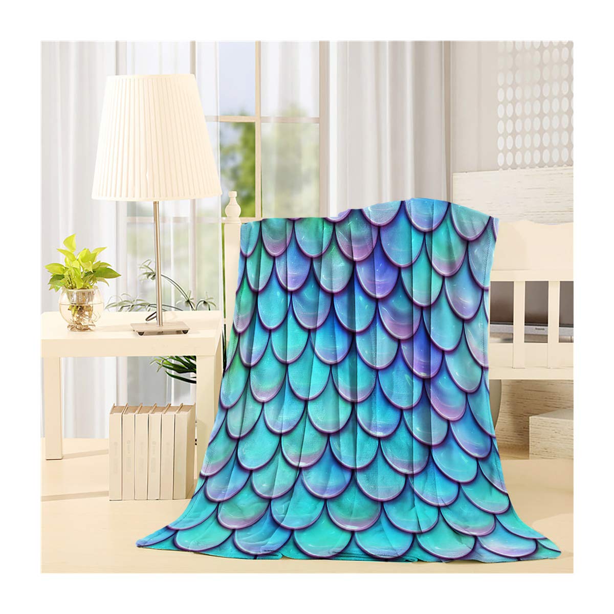YOUNGKIDS Luxury Fleece Throw Blanket - Glitter Fish Scales Design in Purple & Blue - Ultra Soft Plush Flannel Blanket for Couch, Bed, or Chair - 40x50 Inches - Perfect for Cozy Evenings, Movie Nights & Home Decor