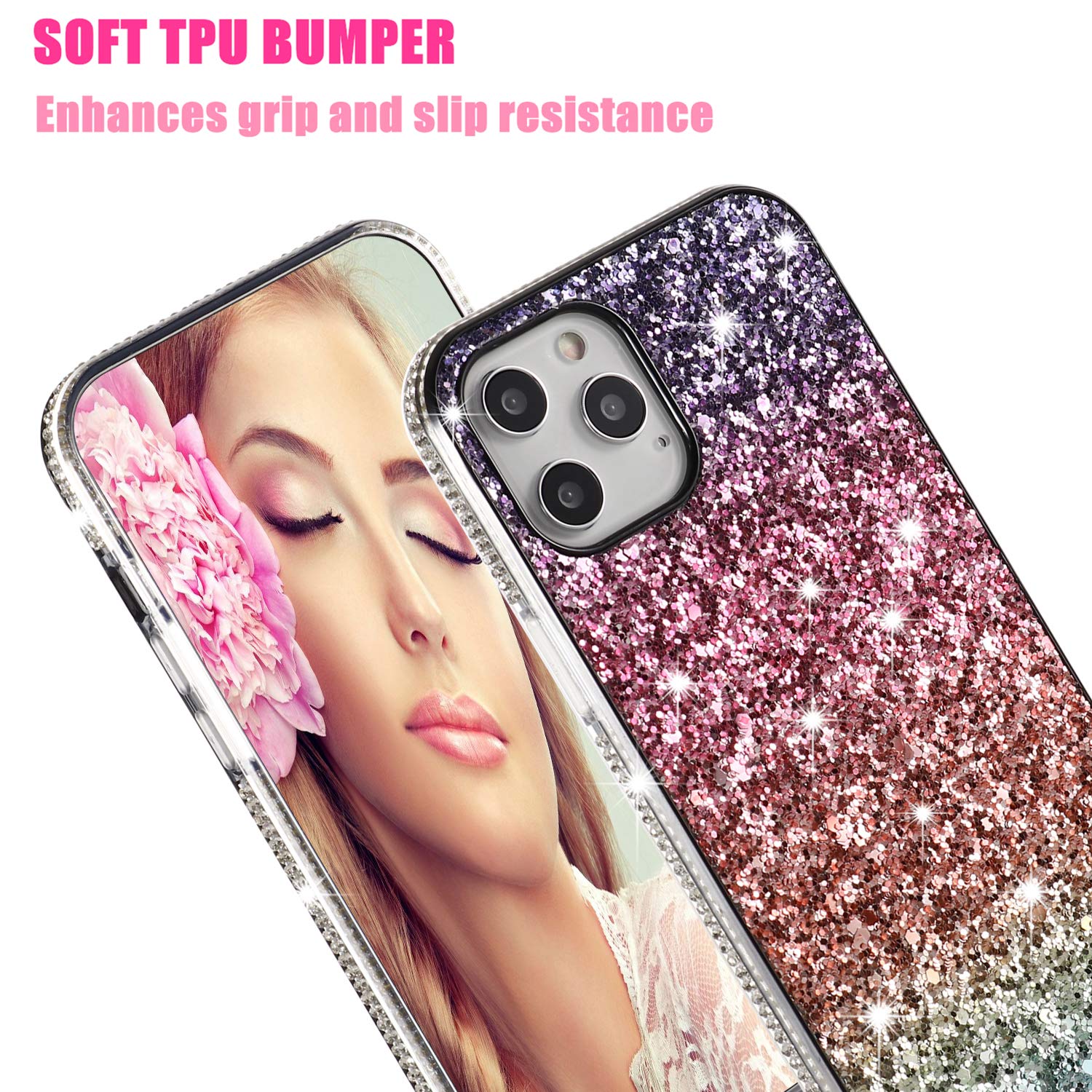 Solomo Glitter Luxury Sparkle Rainbow iPhone 12 Pro Max Case - Soft TPU Bumper with Bling Diamond Protection for iPhone 12 Pro Max 6.7