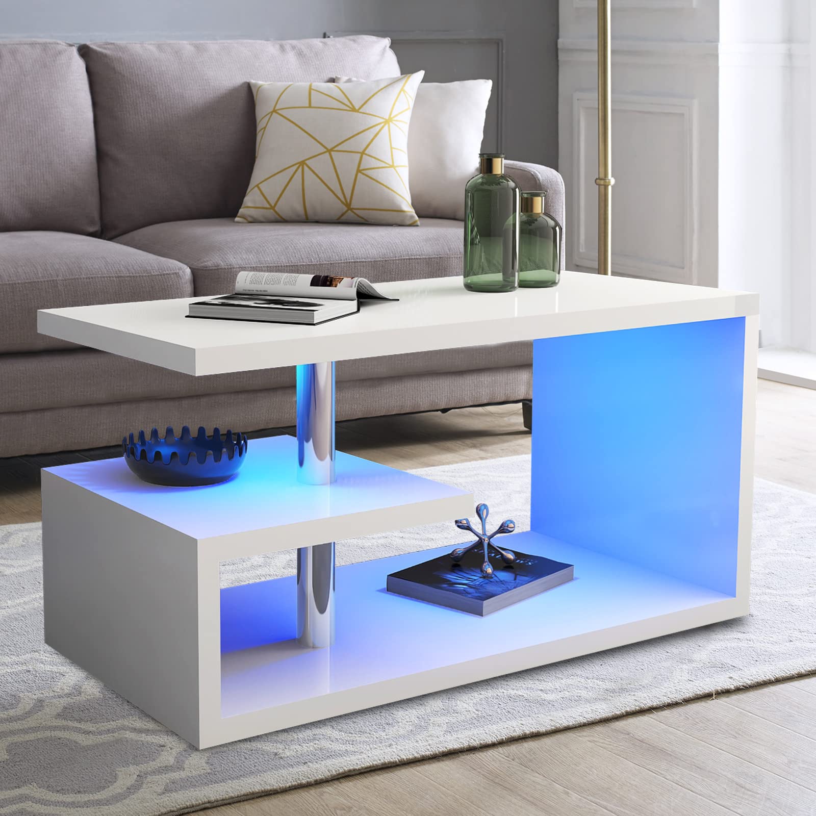 ONPNO 3-Tier High Gloss LED Coffee Table with 16 Color Lights & Storage - Modern Living Room & Bedroom Center Table for Home Decor, Entertainment & Small Space Organization
