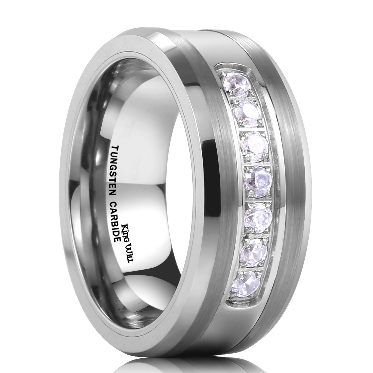 King Will 8mm Men's Tungsten Carbide Wedding Band Ring - Cubic Zirconia CZ Inlay Eternity Ring for Men - Perfect for Anniversary, Engagement, and Everyday Wear